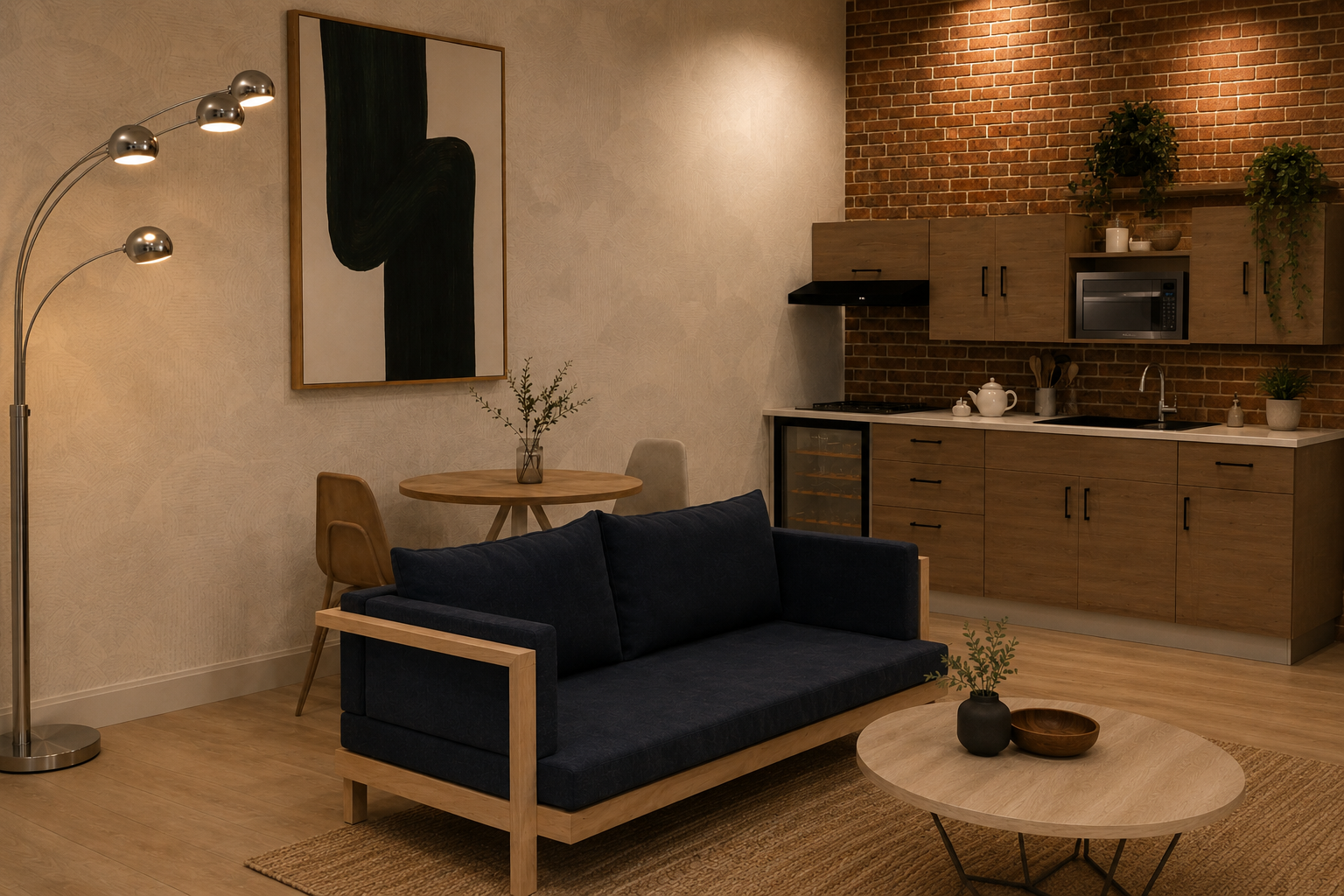 Living room with black sofa, round wooden coffee table with vases, a dining table with chairs, kitchen with brick wall and wooden cabinets, abstract wall art, floor lamp, and indoor plants.