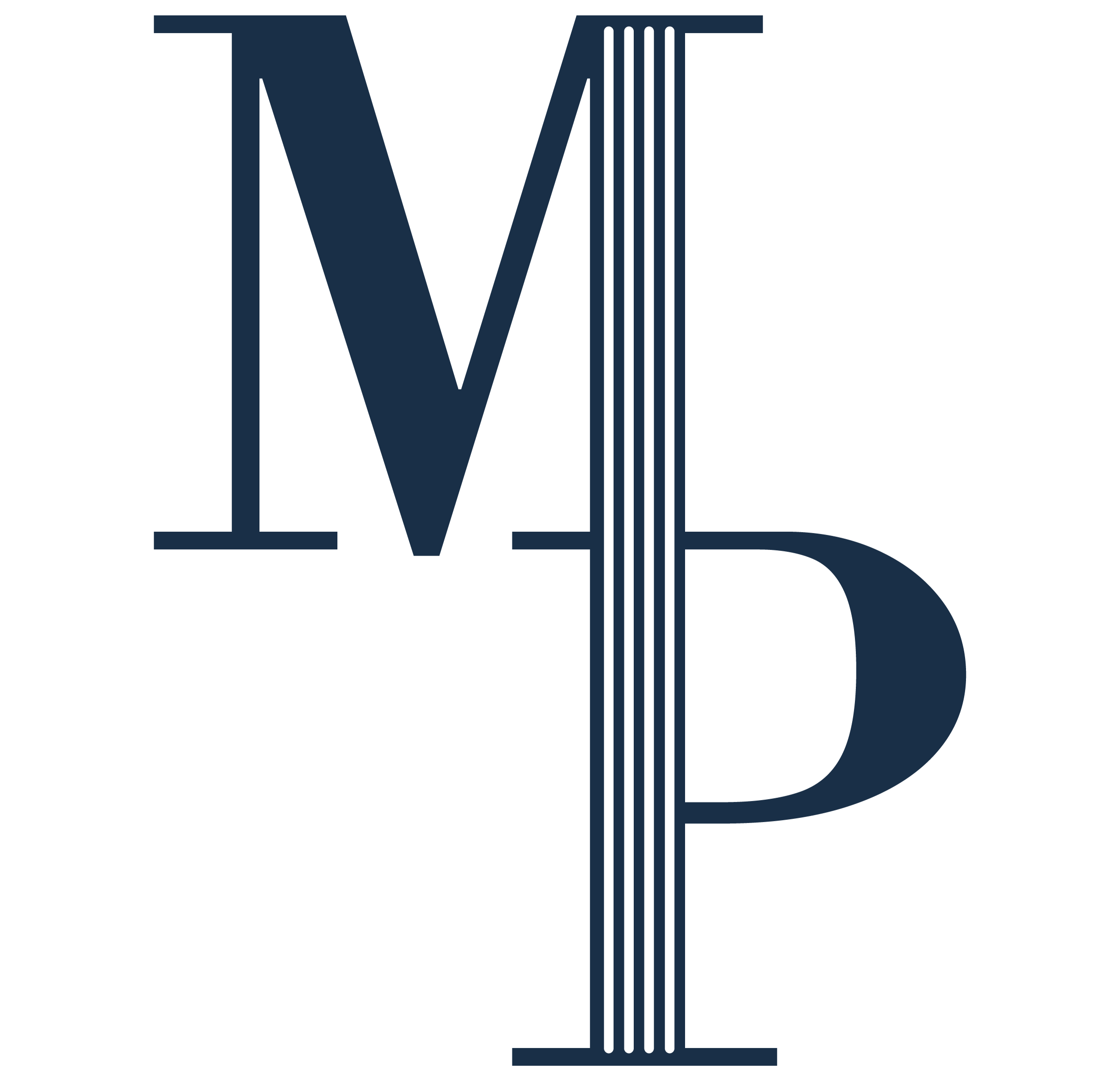 Large stylized letters 'M' and 'P' with lines and shading, blue on white background.