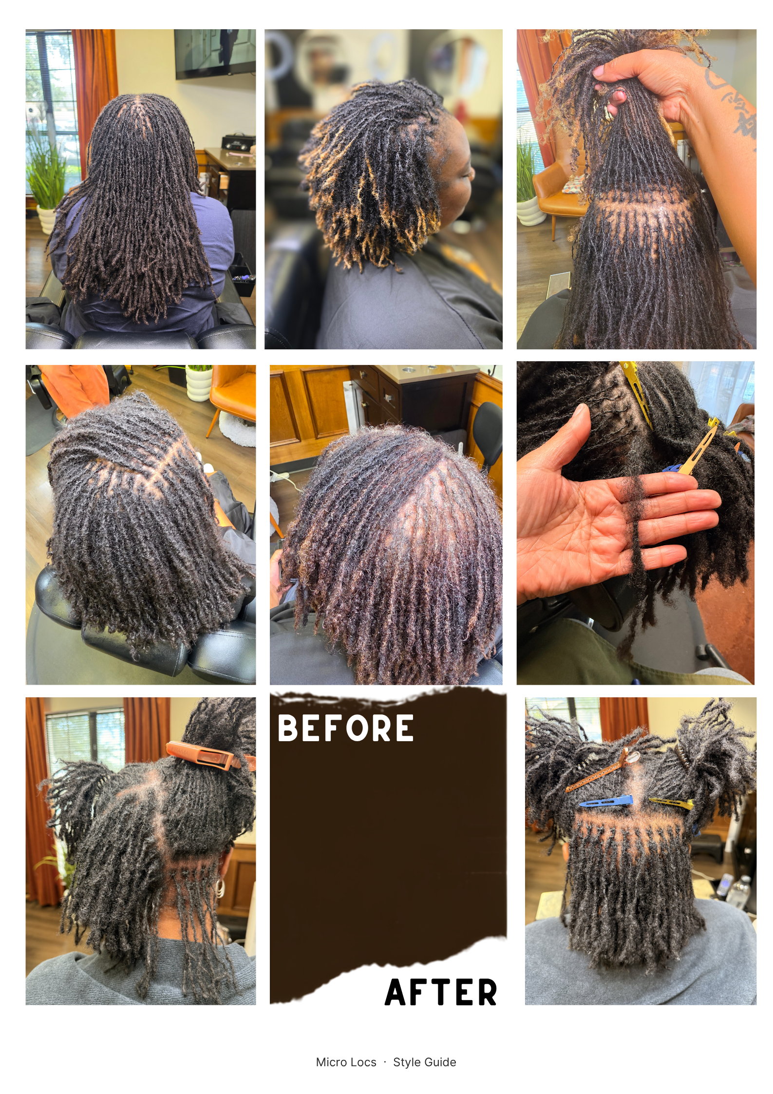 A collage showing the transformation of dreadlocks from before to after styling. The "before" section displays loose, unstyled dreadlocks, while the "after" section shows neatly styled, well-maintained dreadlocks with accessories. The images are taken in a salon setting.
