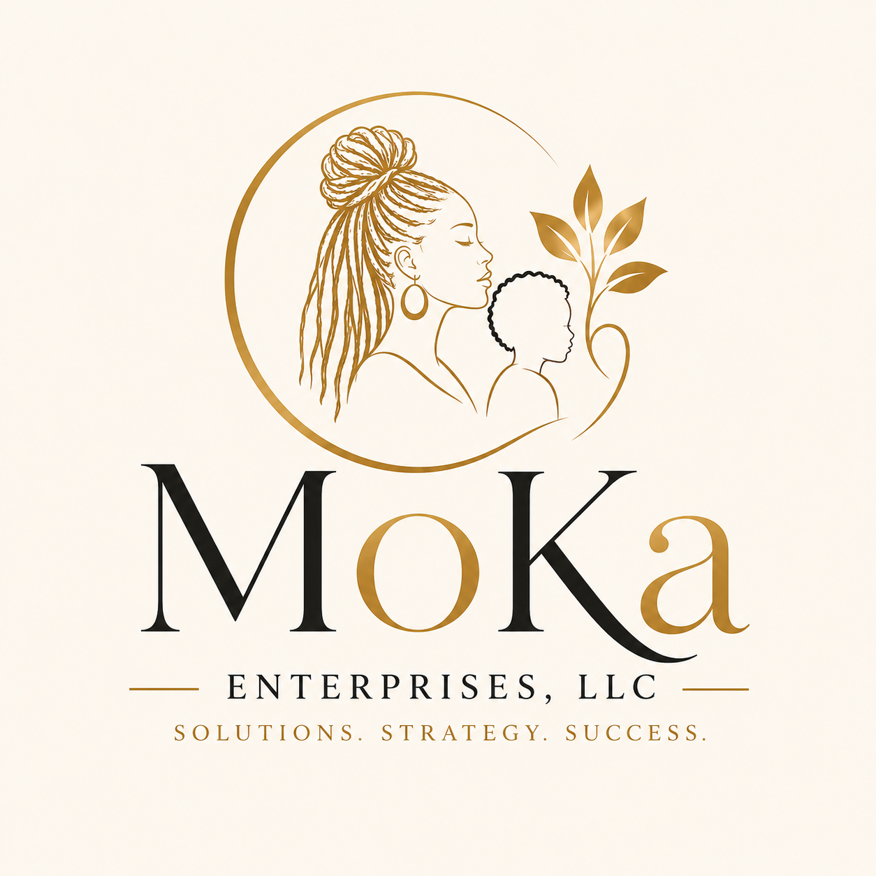 Logo for Moka Enterprises, LLC featuring a line drawing of a woman with braided hair and a child, surrounded by a leafy branch, with the business name and the tagline 'Solutions. Strategy. Success.'
