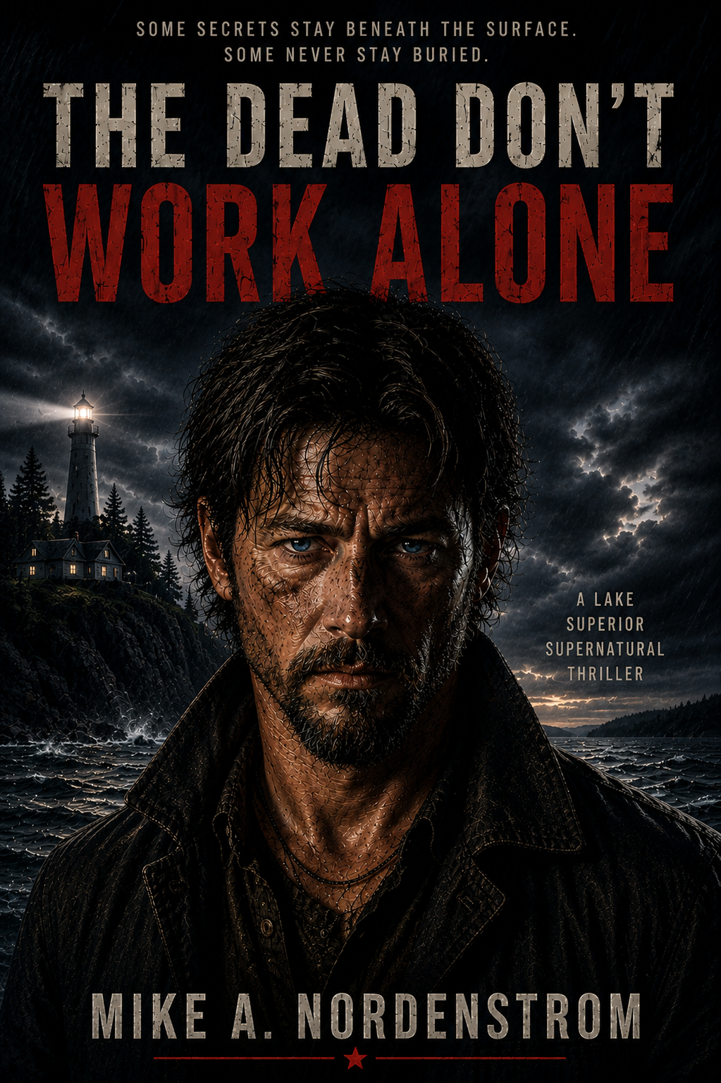 Book cover for "The Dead Don't Work Alone" by Mike A. Nordenstrom, featuring a man with wet, dark hair, a beard, and piercing blue eyes, set against a stormy lakeside background with a lighthouse and dark clouds.