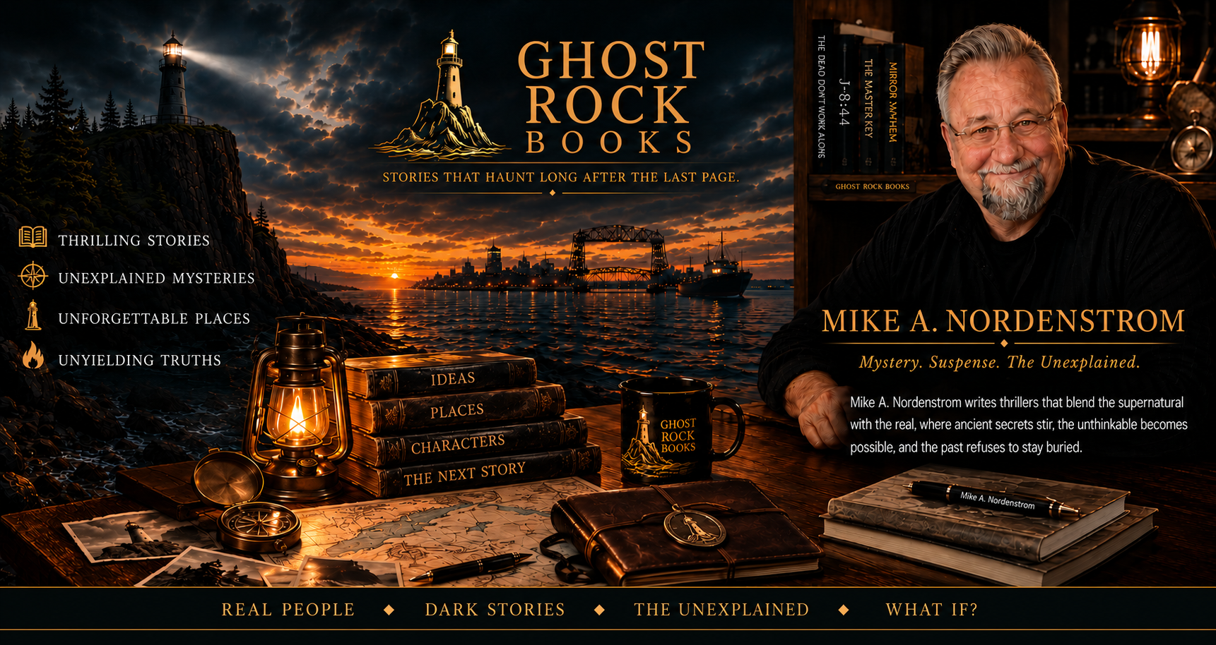 Ghost Rock Books website banner featuring author Mike A. Nordenstrom, a Lake Superior lighthouse at sunset, and a desk with books, lantern, map, and writing materials. Imagery reflecting supernatural thrillers, mystery, and the unexplained.