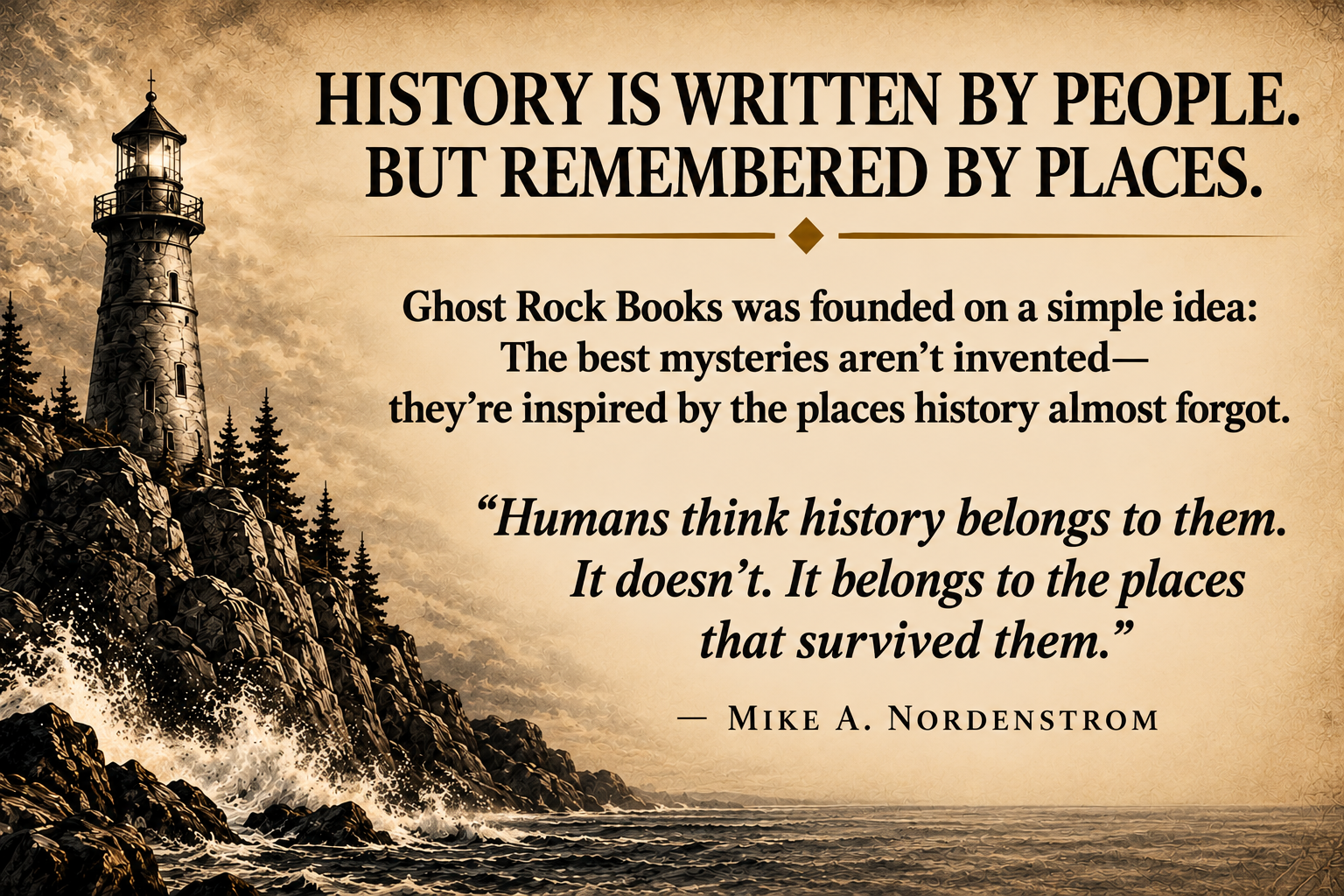 Ghost Rock Books artwork featuring a lighthouse on Lake Superior's rocky North Shore and a quote by author Mike A. Nordenstrom: "Humans think history belongs to them. It doesn't. It belongs to the places that survived them."