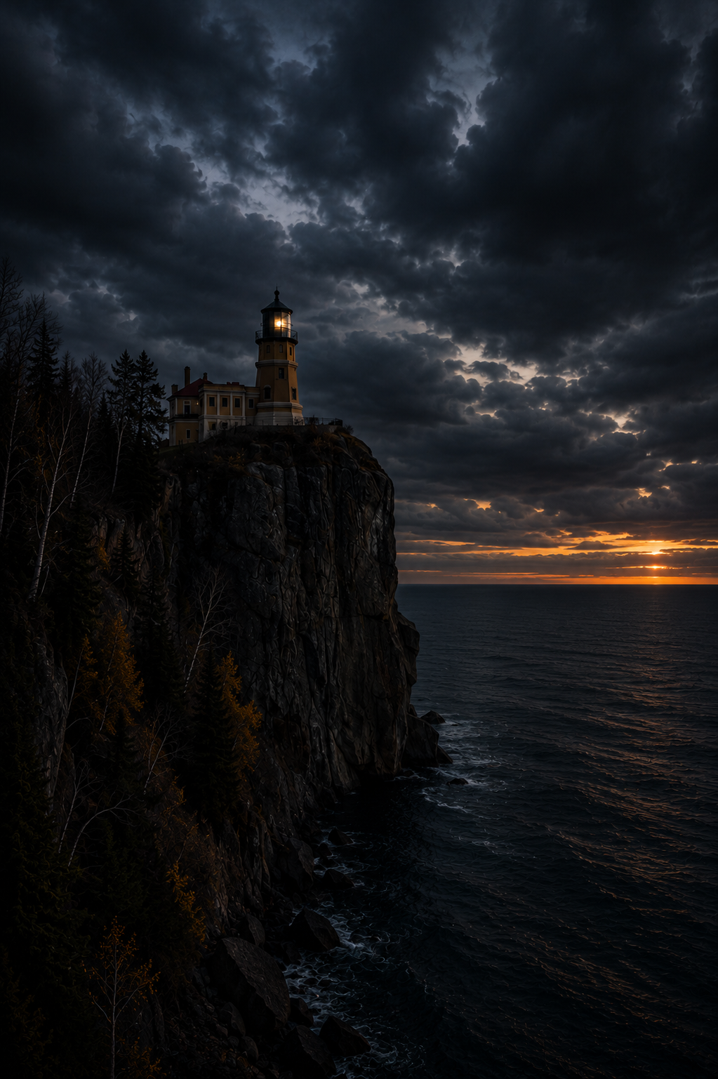Ghost Rock Lighthouse overlooking the rocky shores of Lake Superior beneath dark storm clouds at sunset. Atmospheric North Shore imagery from the supernatural world of Ghost Rock Books.
