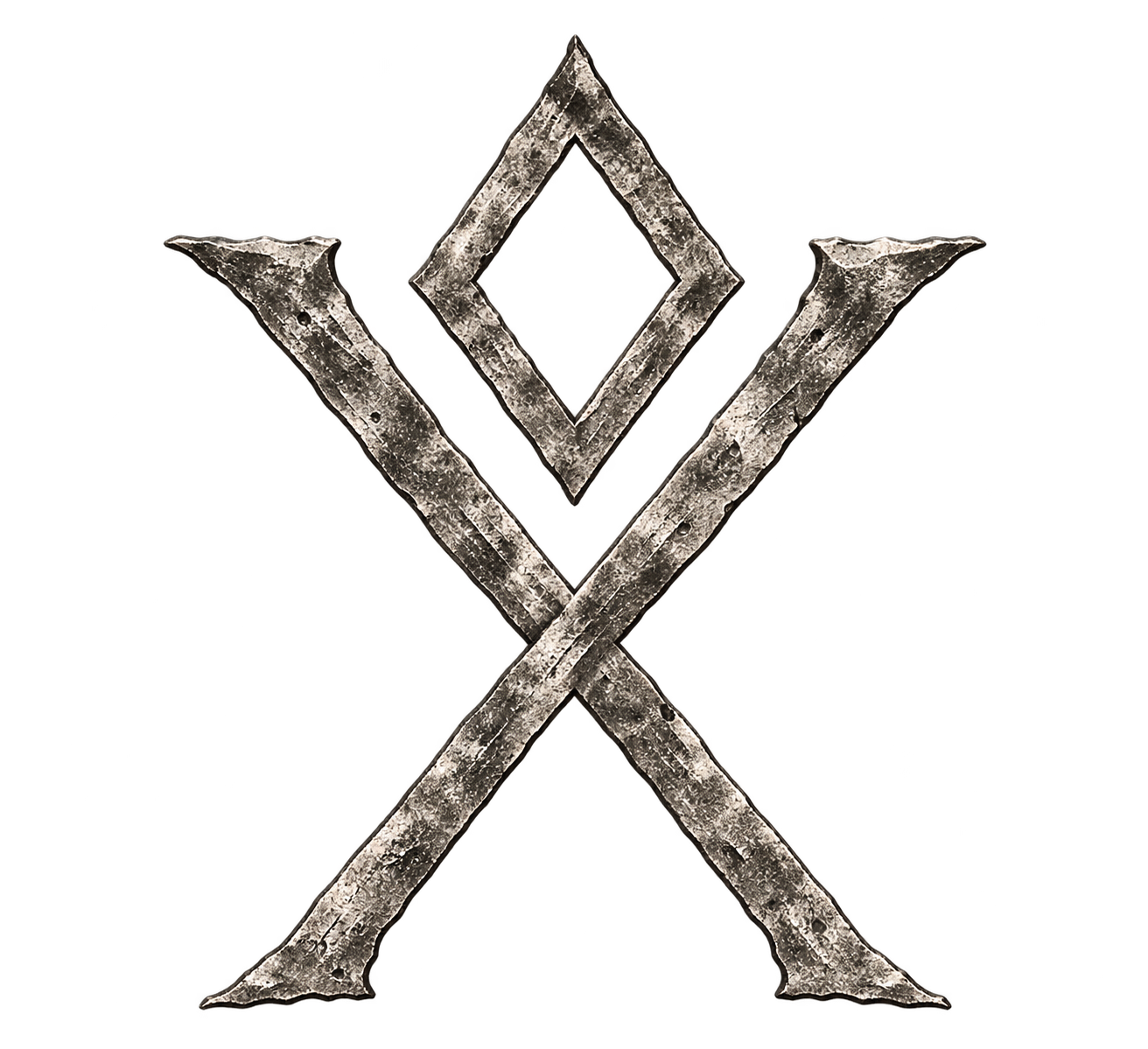 Metallic symbol with a diamond shape inside a check mark, appearing worn and distressed.