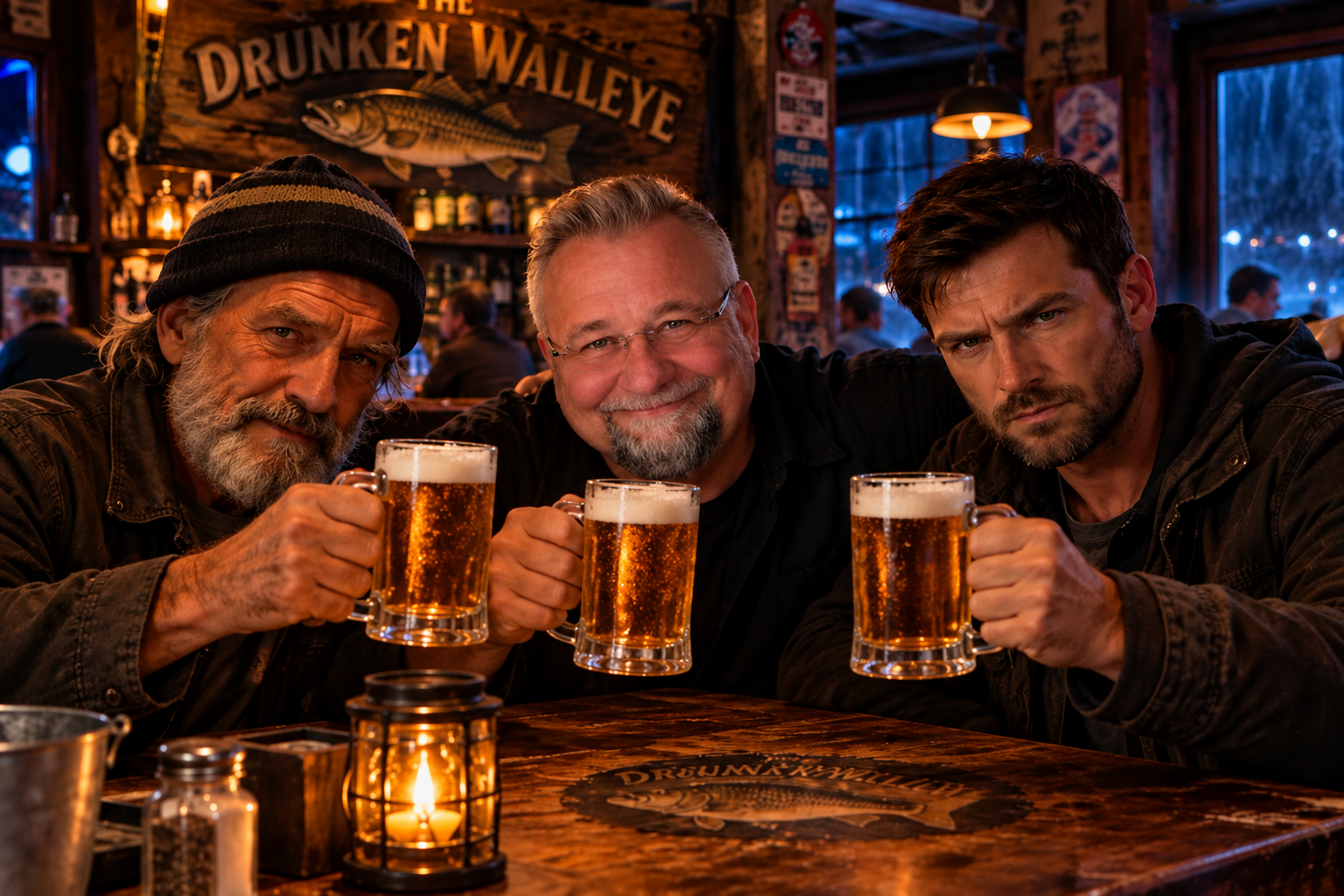 Three men sitting at a bar table, holding mugs of beer, smiling and looking at the camera inside a cozy, dimly-lit pub with a sign that says 'Drunken Walley' in the background.