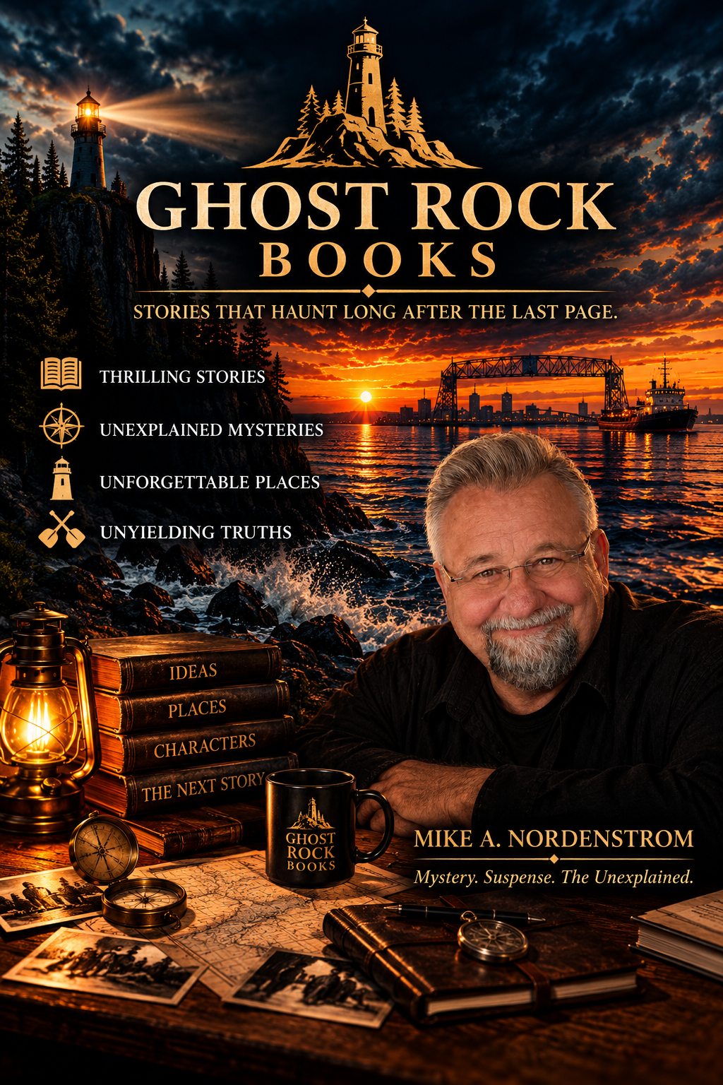 Ghost Rock Books, the independent publishing imprint of author Mike A. Nordenstrom. Atmospheric Lake Superior artwork featuring a lighthouse, rocky shoreline, and the author seated at his desk.