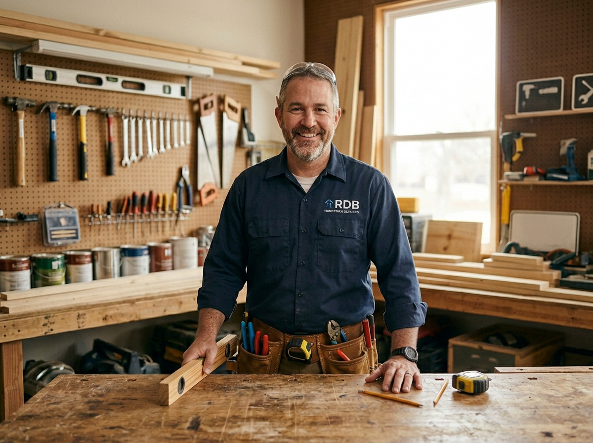 A man smiling in a woodworking workshop, holding a spirit level, with tools and wood pieces on the workbench and shelves, bright sunlight coming through a window.