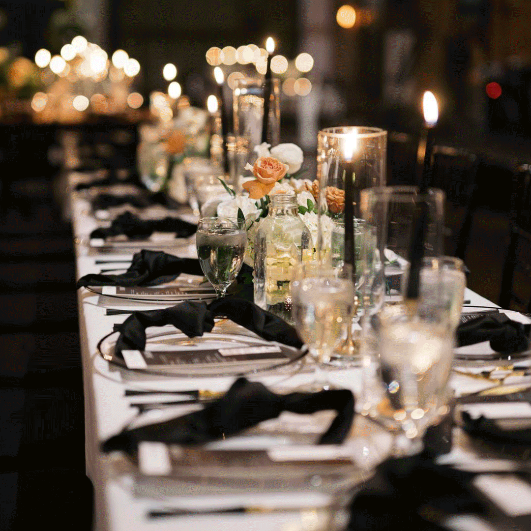 Multiple images of event setups like buffets, desserts, and table design