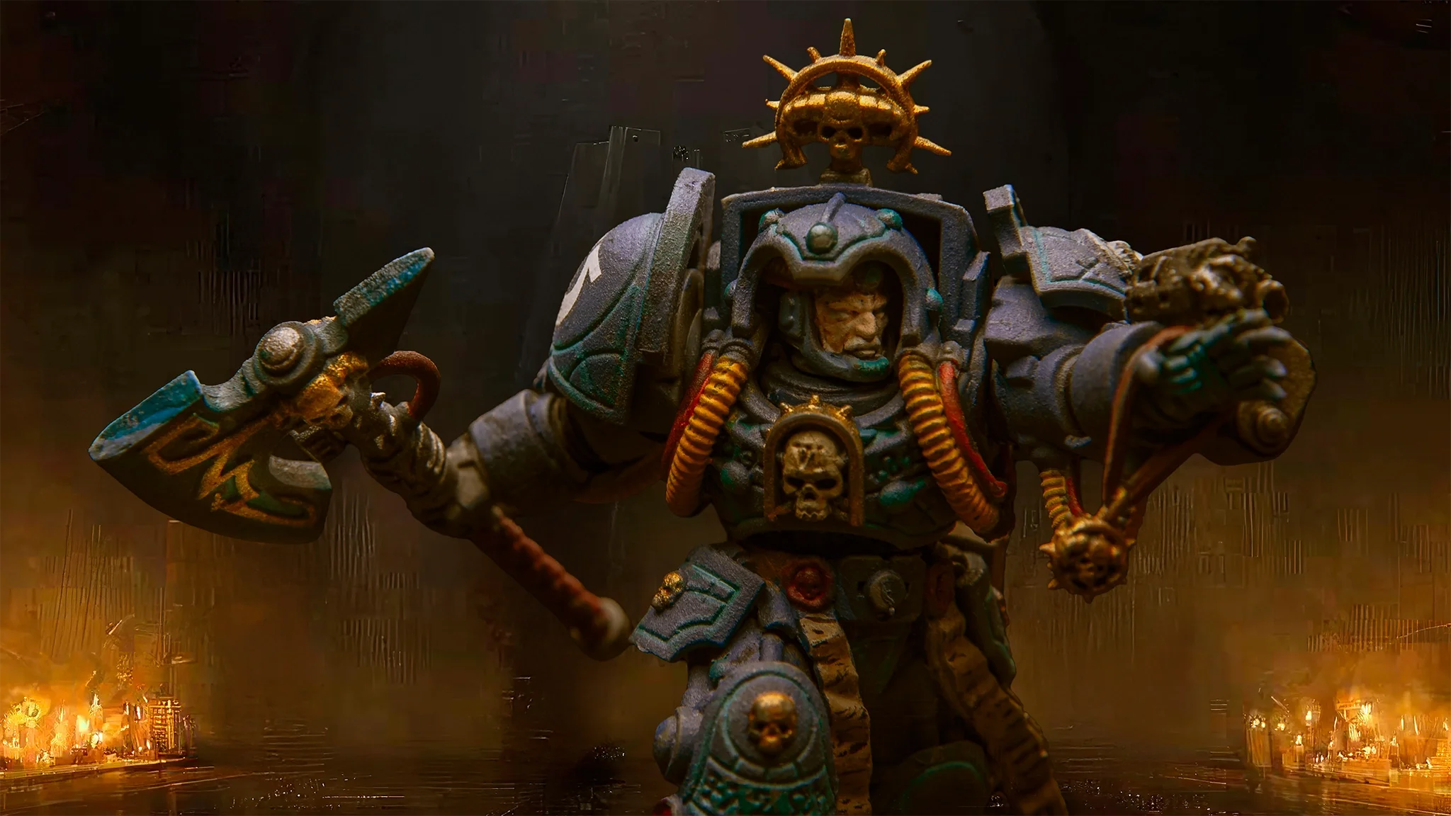 Warhammer 40K miniature — Space Marine Librarian with battle axe, orange rim light on dark background
