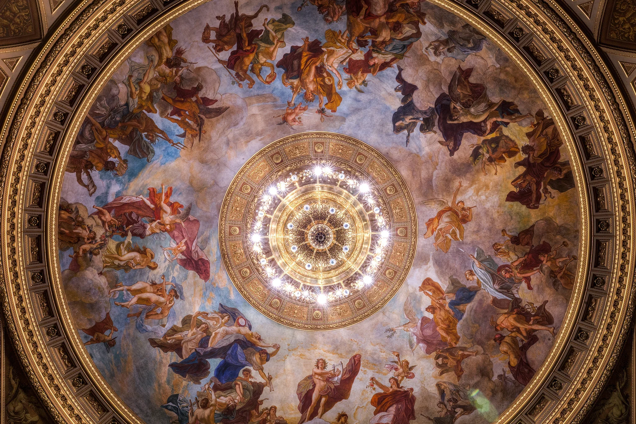 Hungarian State Opera House main theatre chandelier and ceiling mural, Budapest