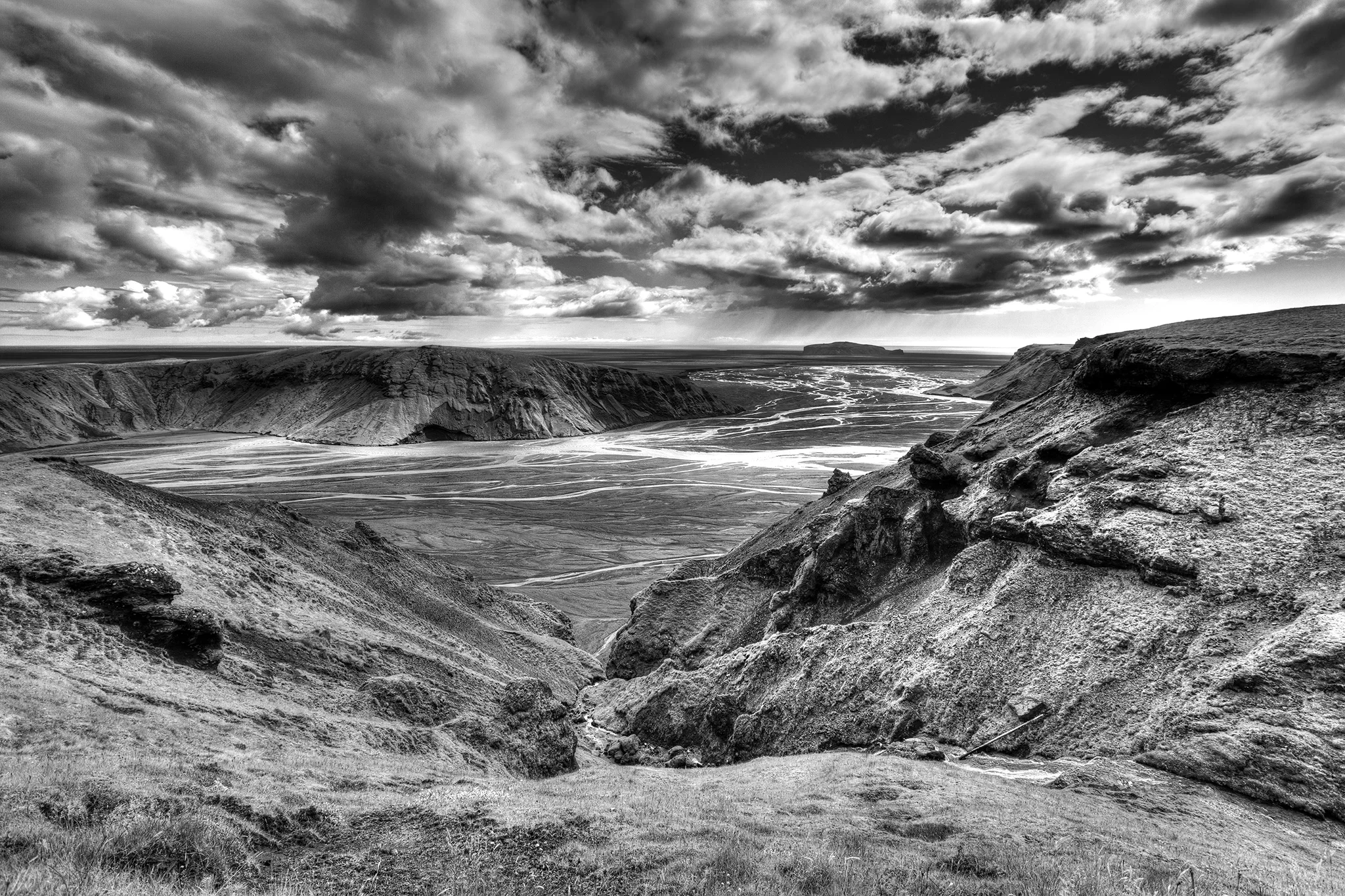 Volcanic valley landscape, Iceland — editorial — black and white