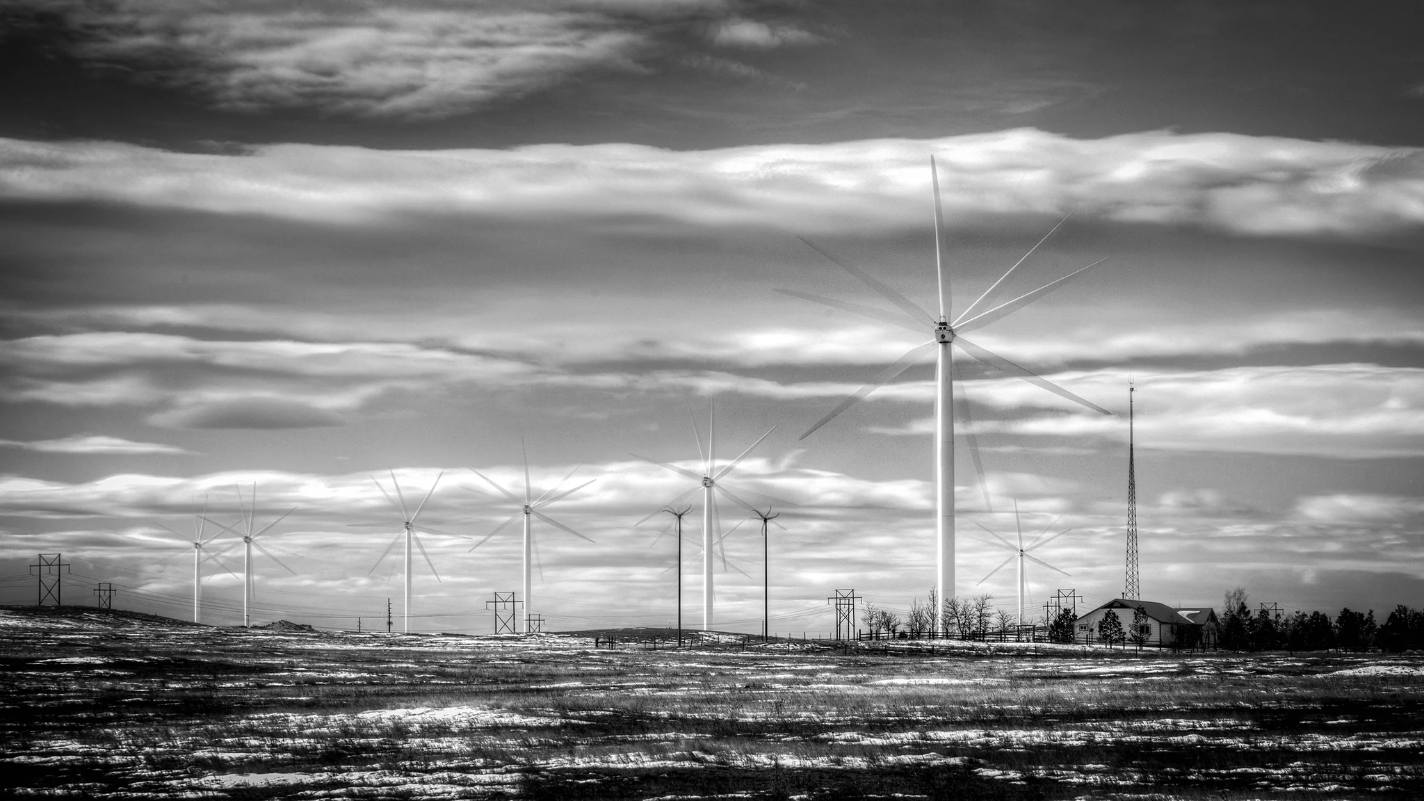 Happy Jack Windfarm — spinning wind turbine array under wide Wyoming sky