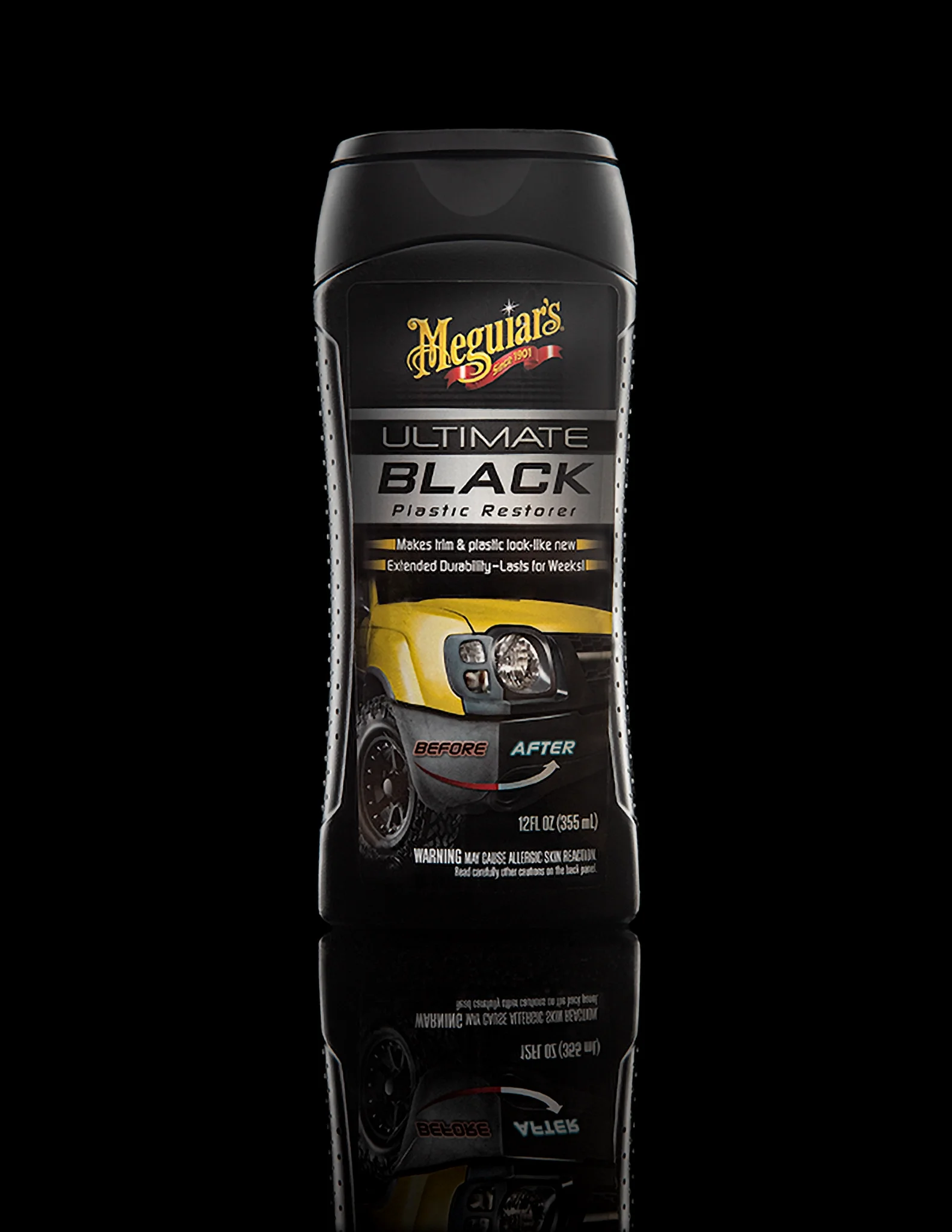 Meguiar’s Ultimate Black rebrand — tire detail product shot on glossy black surface