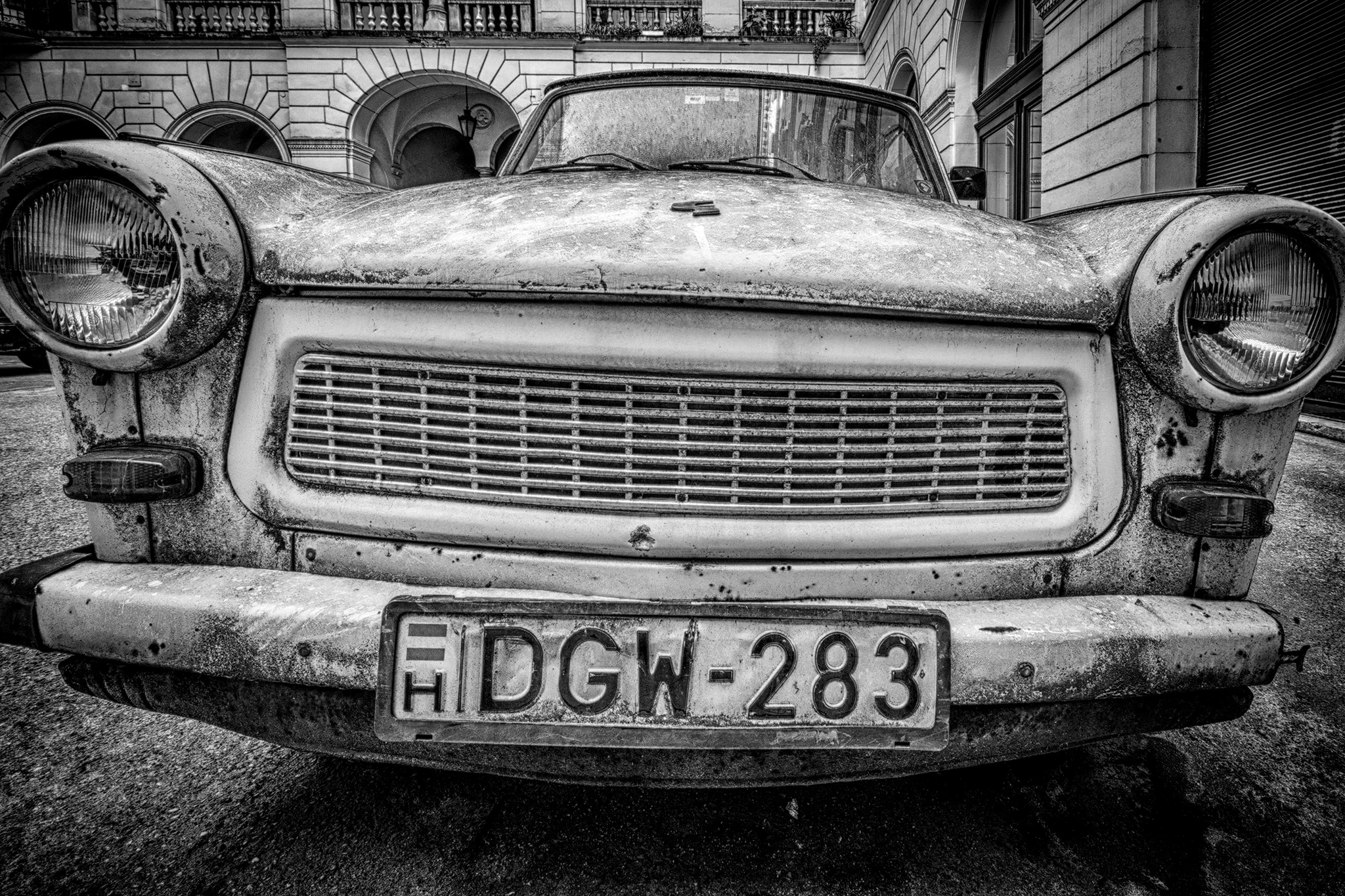 Trabant car, Eastern Germany — cool gritty grill shot — editorial