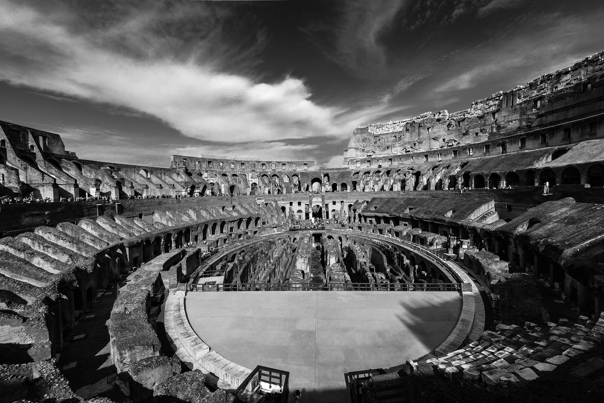 Colosseum dramatic wide angle shot of interior, Rome — travel editorial