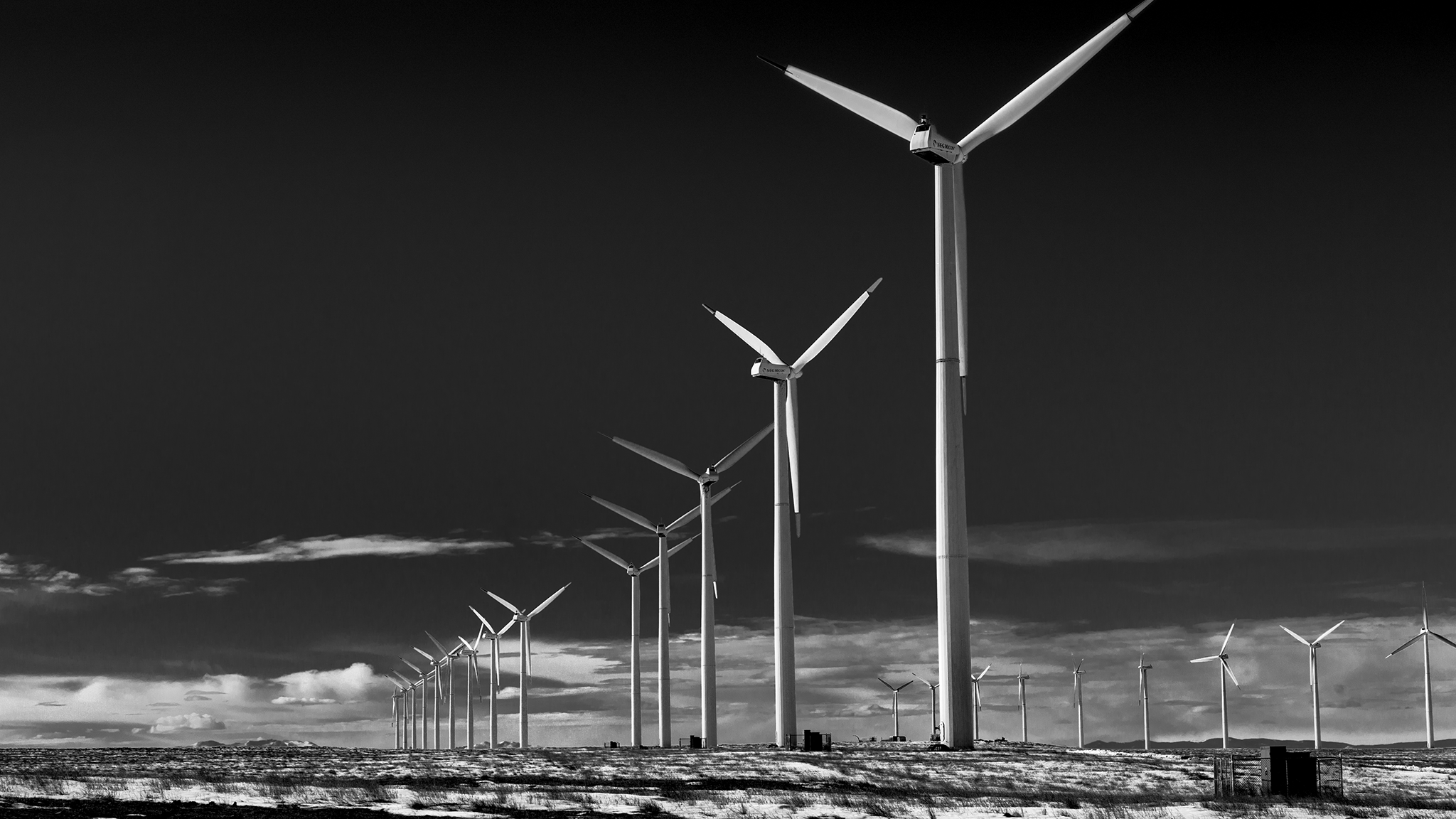 Duke Energy Annual Report — corporate location shoot for annual publication — row of windmills in windmill array
