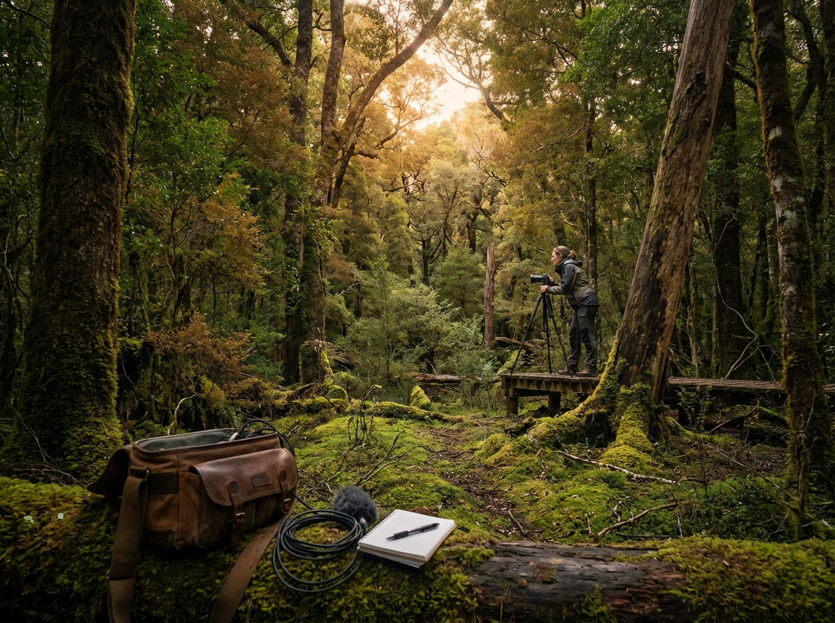 A woman with a camera on a tripod standing on a small wooden platform in a dense forest during sunset. On the moss-covered ground in the foreground, there is a brown camera bag, a coiled cable, a notepad with a pen, and a microphone.