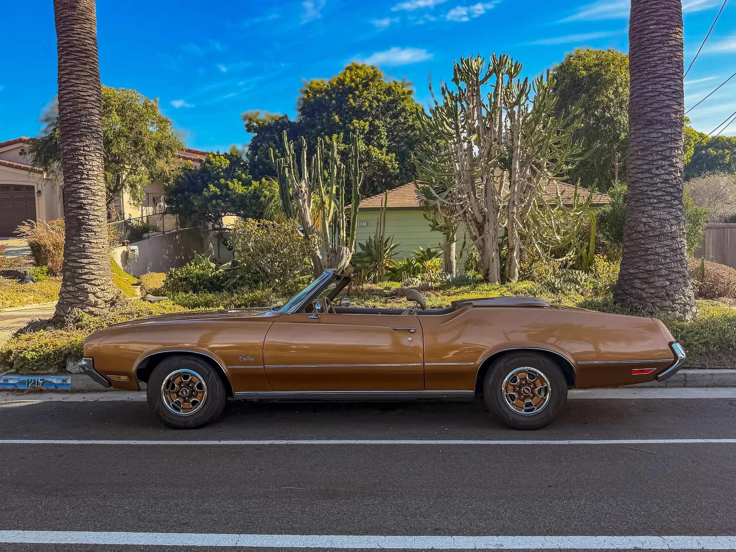 A Bronze vintage convertible Cutlass parked on the street in front of a yard with palm trees, cactus, and a house, under a clear blue sky.