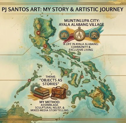 Map of the Philippines highlighting Muntinlupa City and Ayala Alabang Village, with text about PJ Santos Art's story and artistic journey, including themes of objects as stories, community, and exclusive living, and methods of storytelling like assemblage and sculpture.