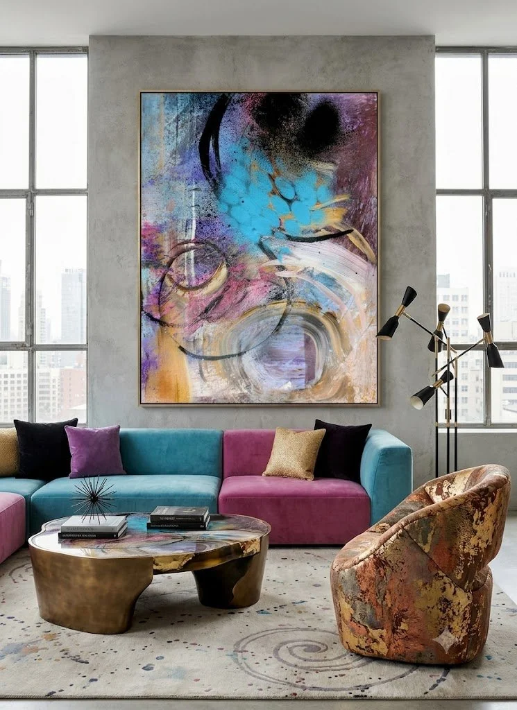 Modern living room with large abstract colorful painting, blue and pink sectional sofa with assorted pillows, marble coffee table, patterned accent chair, and floor lamp with multiple black and gold shades, large windows with city skyline view.