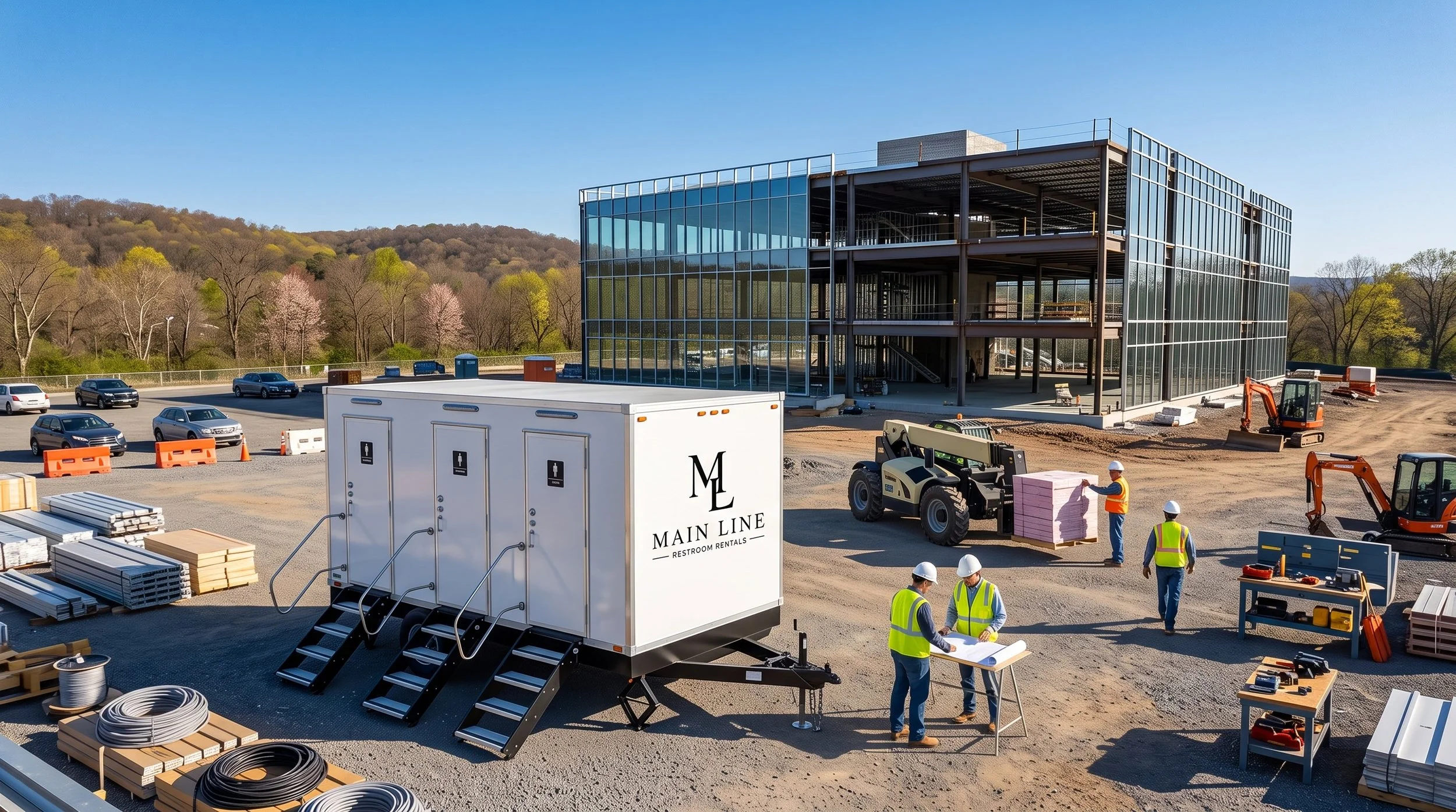 Construction site with workers, construction machinery, and a modern glass building under construction against a backdrop of trees and hills.
