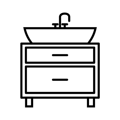 Outline of a bathroom sink with a faucet and cabinet, drawn in white on a black background.