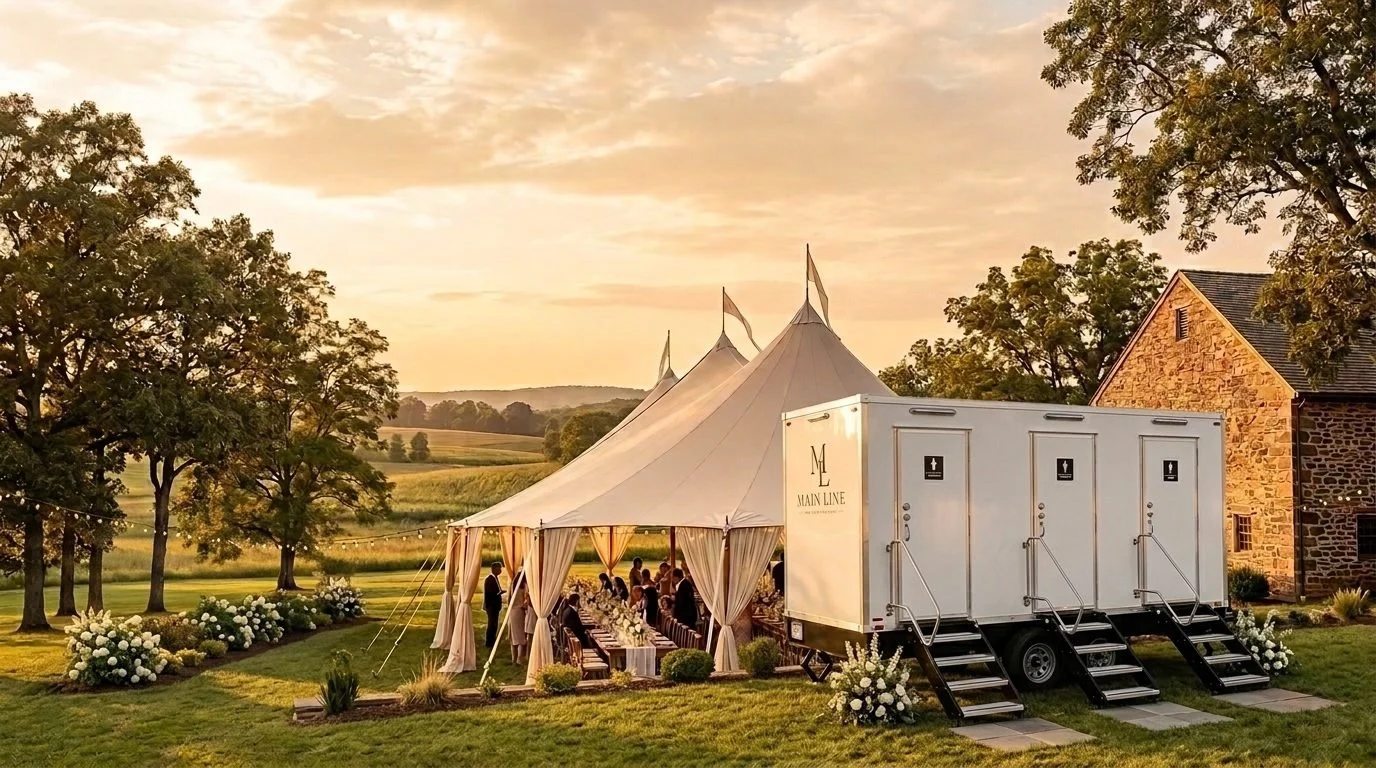 A wedding reception set up outdoors under a large white tent at sunset, with round tables, floral centerpieces, and guests seated, surrounded by greenery and trees.