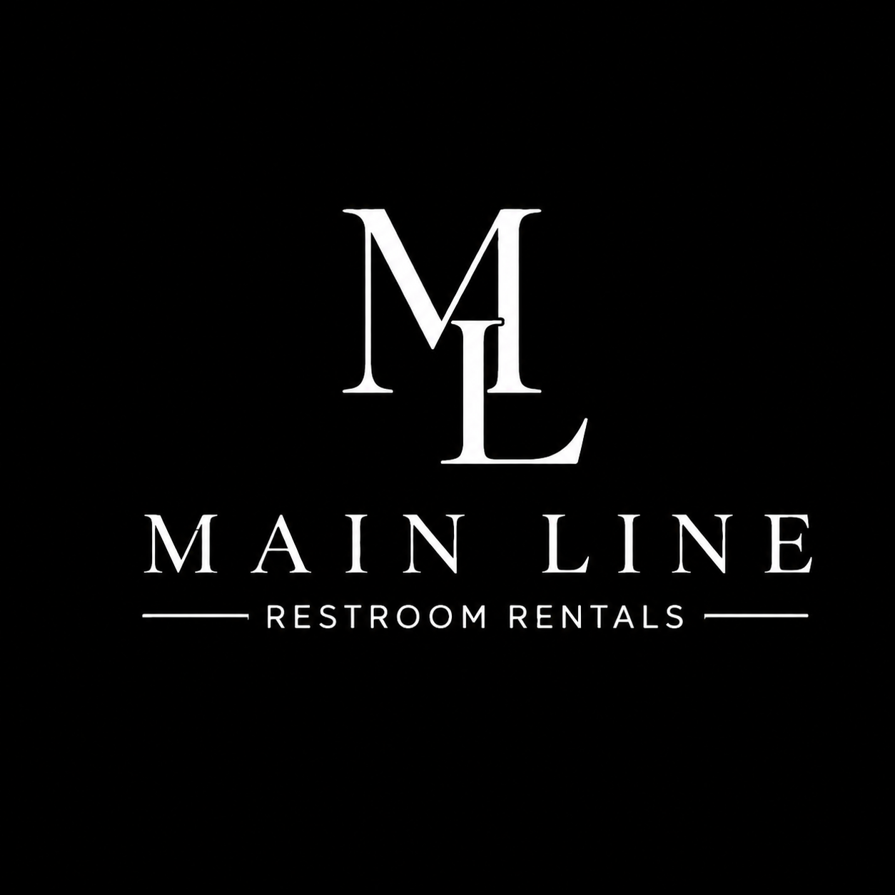 Logo for Main Line Restroom Rentals featuring black background, white monogram 'ML', and text 'Main Line Restroom Rentals' with a minimalist design.