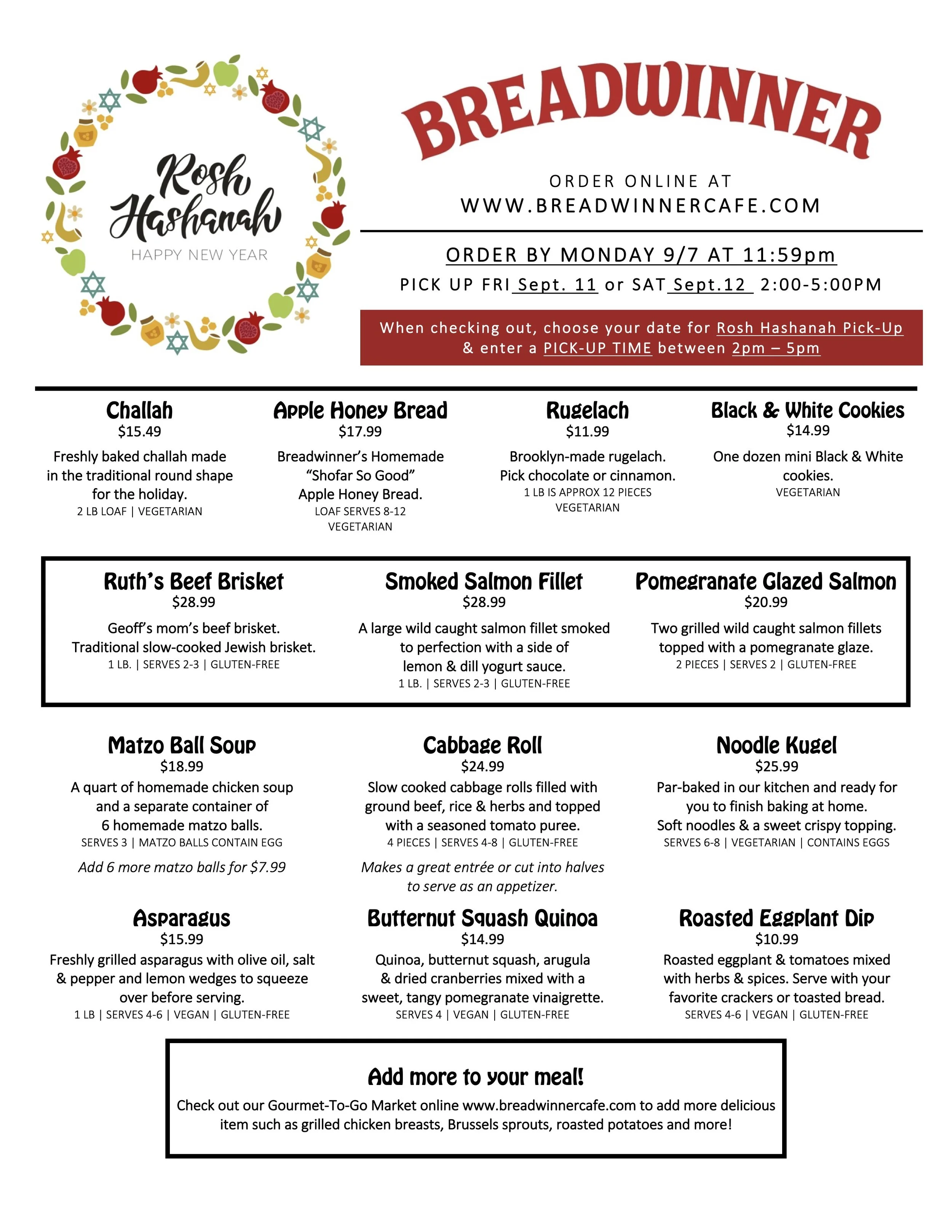 A flyer for Breadwinner Cafe with Rosh Hashanah holiday greetings, menu items, prices, and ordering instructions.