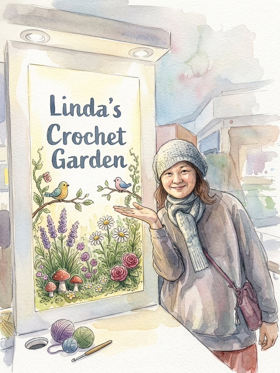 Watercolor illustration of a woman standing next to a sign for Linda's Crochet Garden, which is decorated with colorful flowers and birds. The woman is holding her hand up near the sign, smiling, wearing a gray beanie, scarf, and a coat, with yarn and a crochet hook on the table in front.
