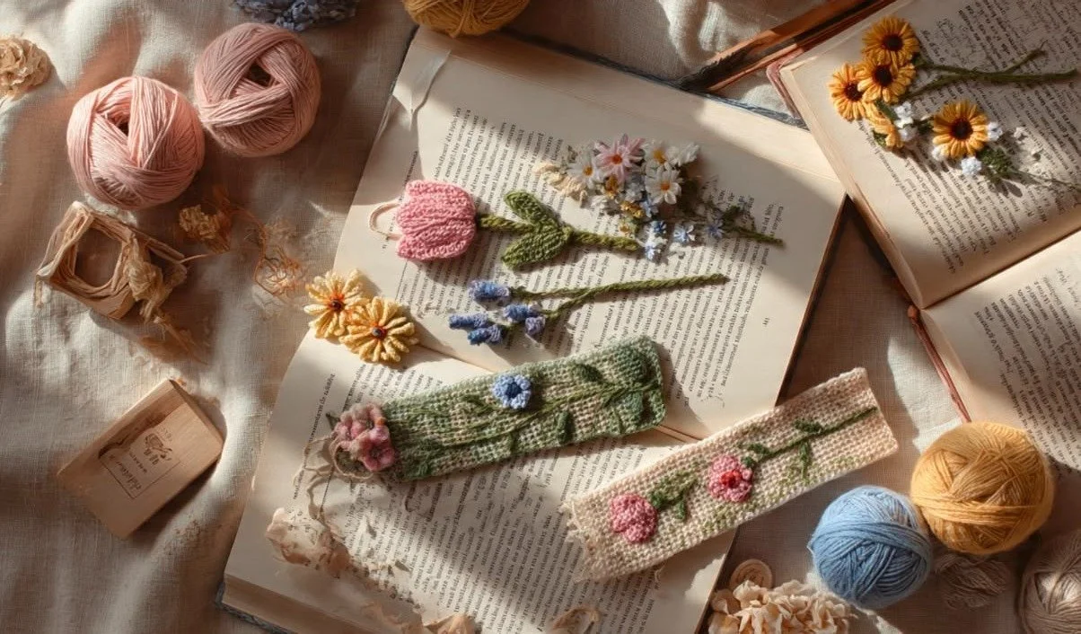 Open books and knitting supplies, including yarn balls and handmade knitted fabric with flower patterns, on a table.
