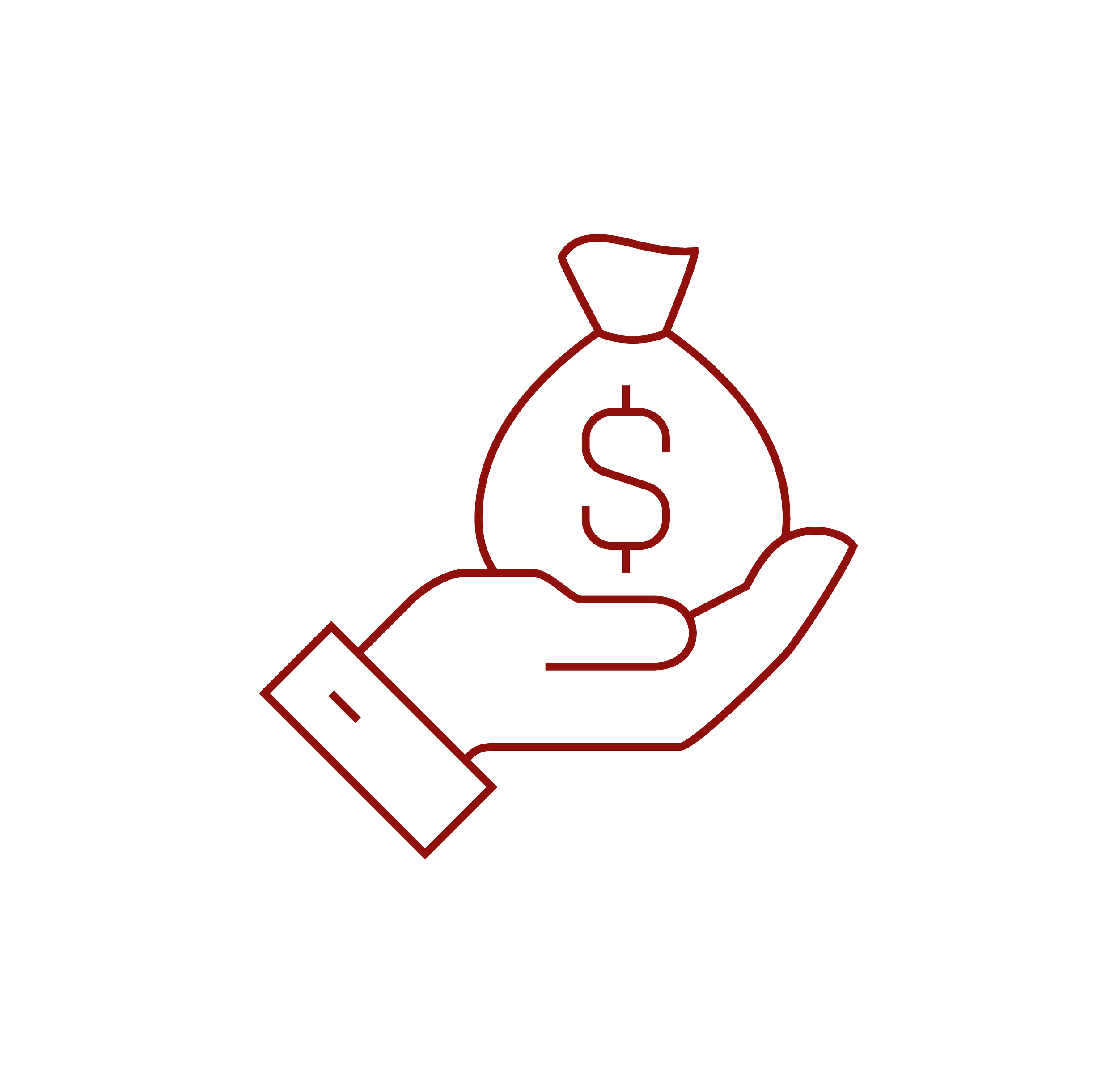A simple line drawing of a hand holding a money bag with a dollar sign on it.