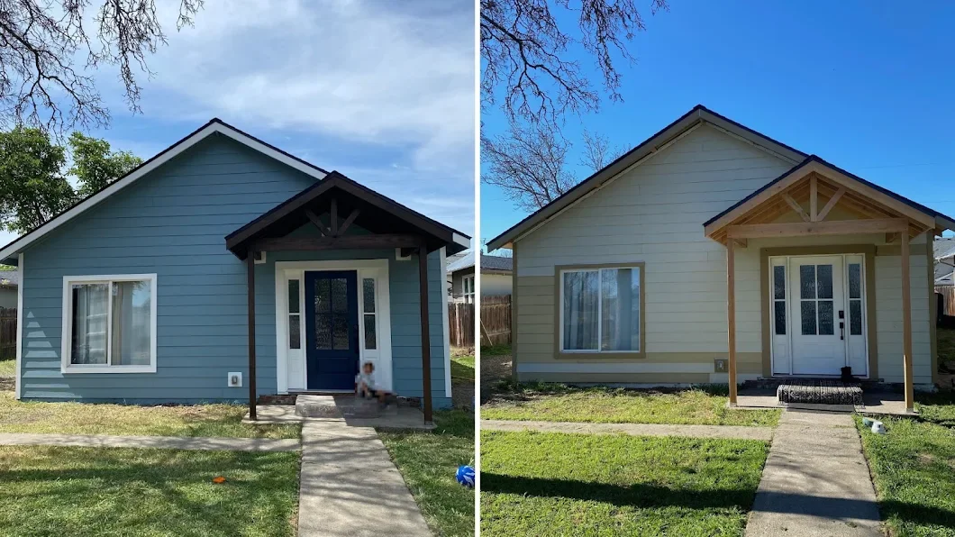 Side-by-side photos of the same house before and after renovation. The house has light-colored siding, a front porch with a small gable roof, and a concrete walkway leading up to the front door. The left photo shows the house with blue siding, while 