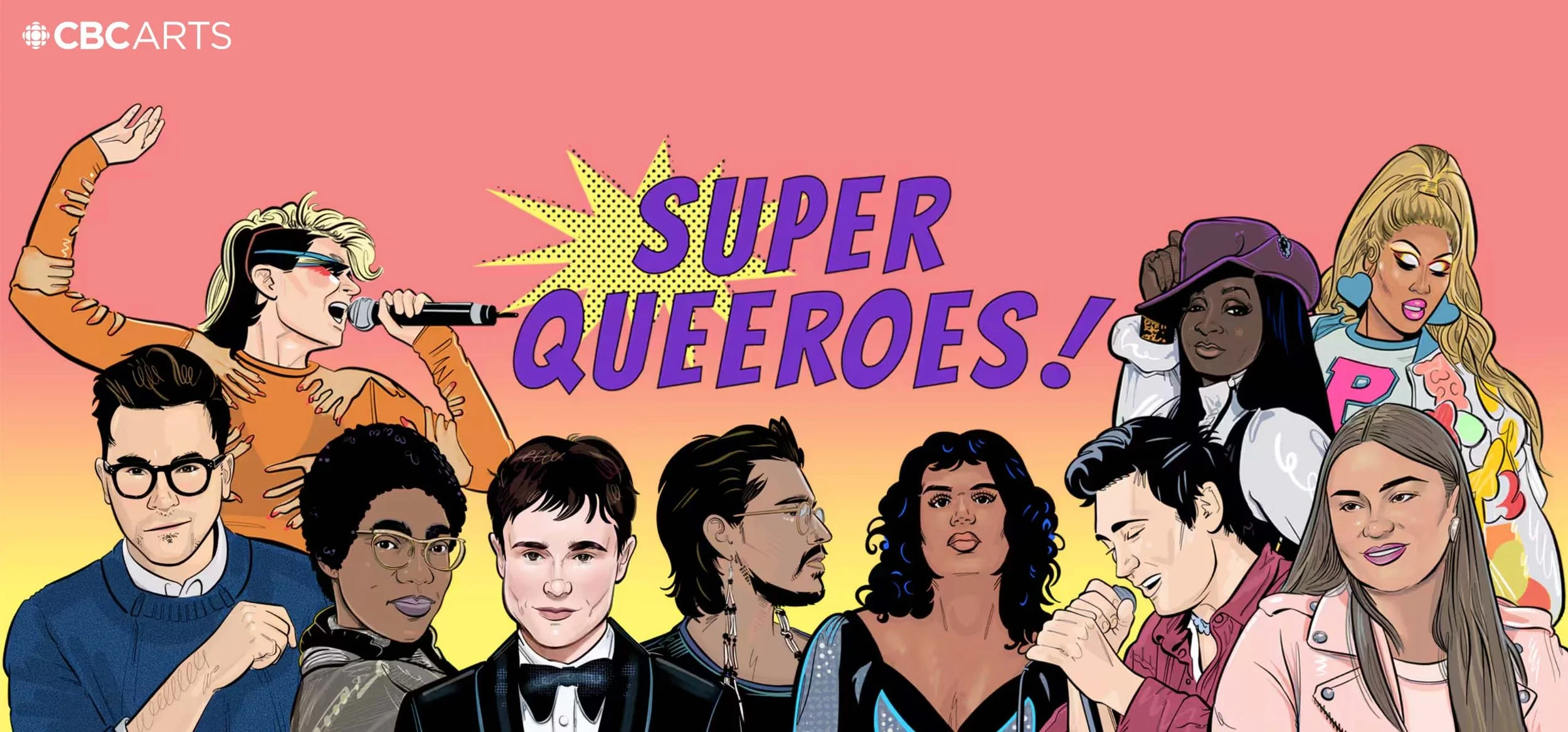 Illustration of diverse queer superheroines and allies with the text 'Super Queer Queens' in bold purple letters, set against a pink to yellow gradient background.