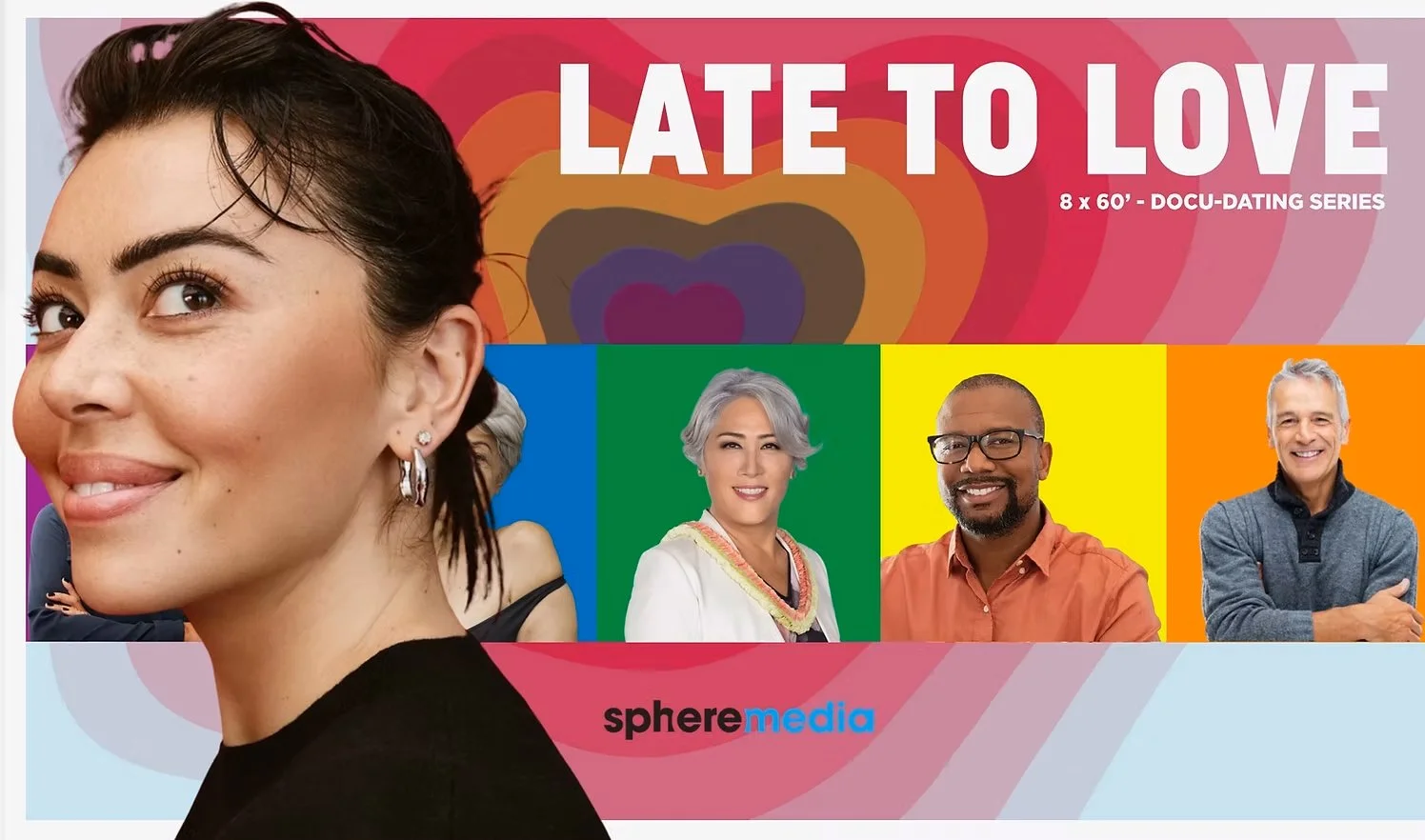 Promotional graphic for a documentary series titled 'Late to Love,' featuring a smiling woman with short dark hair and earrings, and three smaller photos of diverse individuals against colorful backgrounds, with text in pink and white.