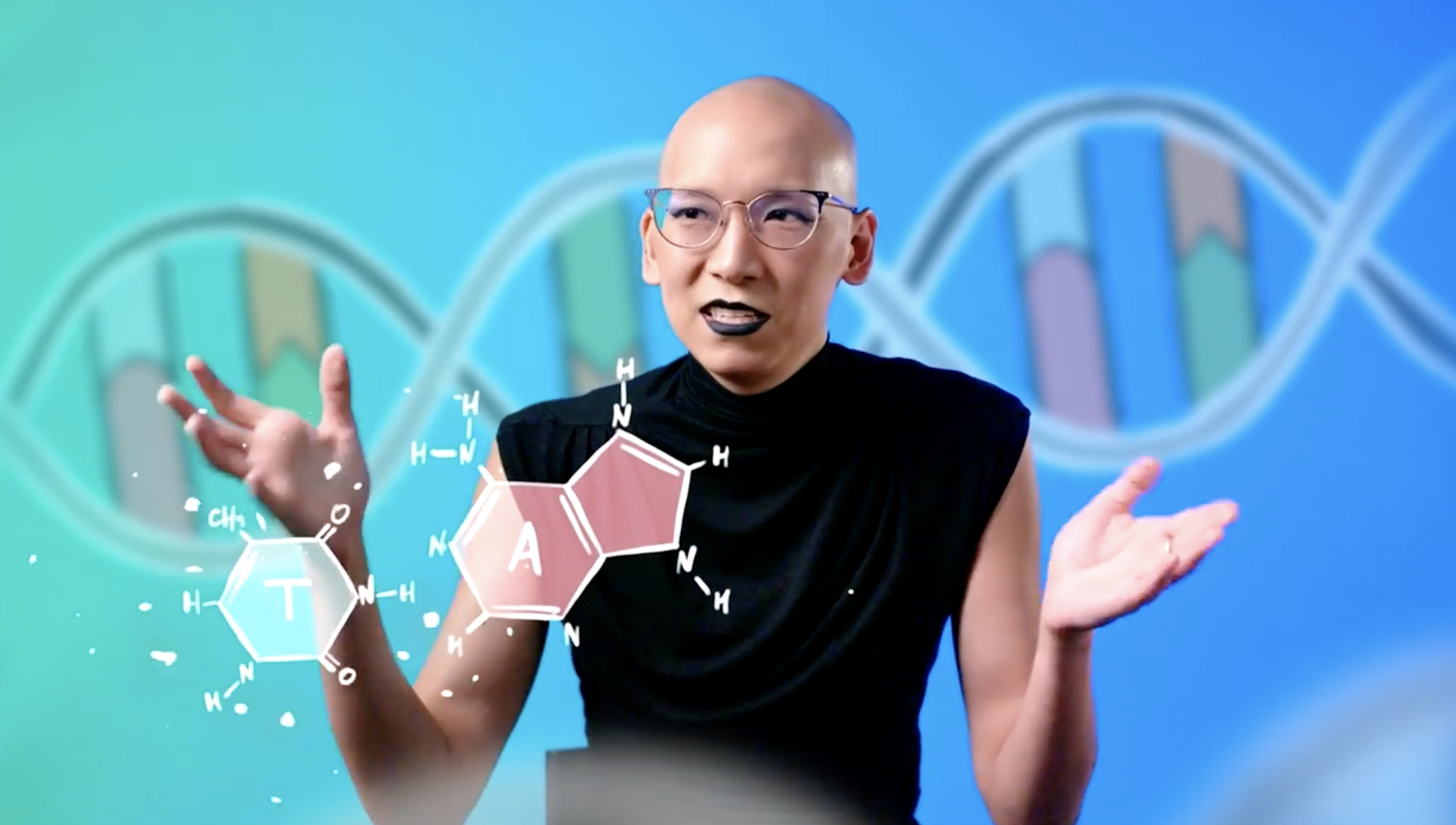 Person with glasses and black lipstick gesturing with hands against a background of a DNA helix and molecular structures.