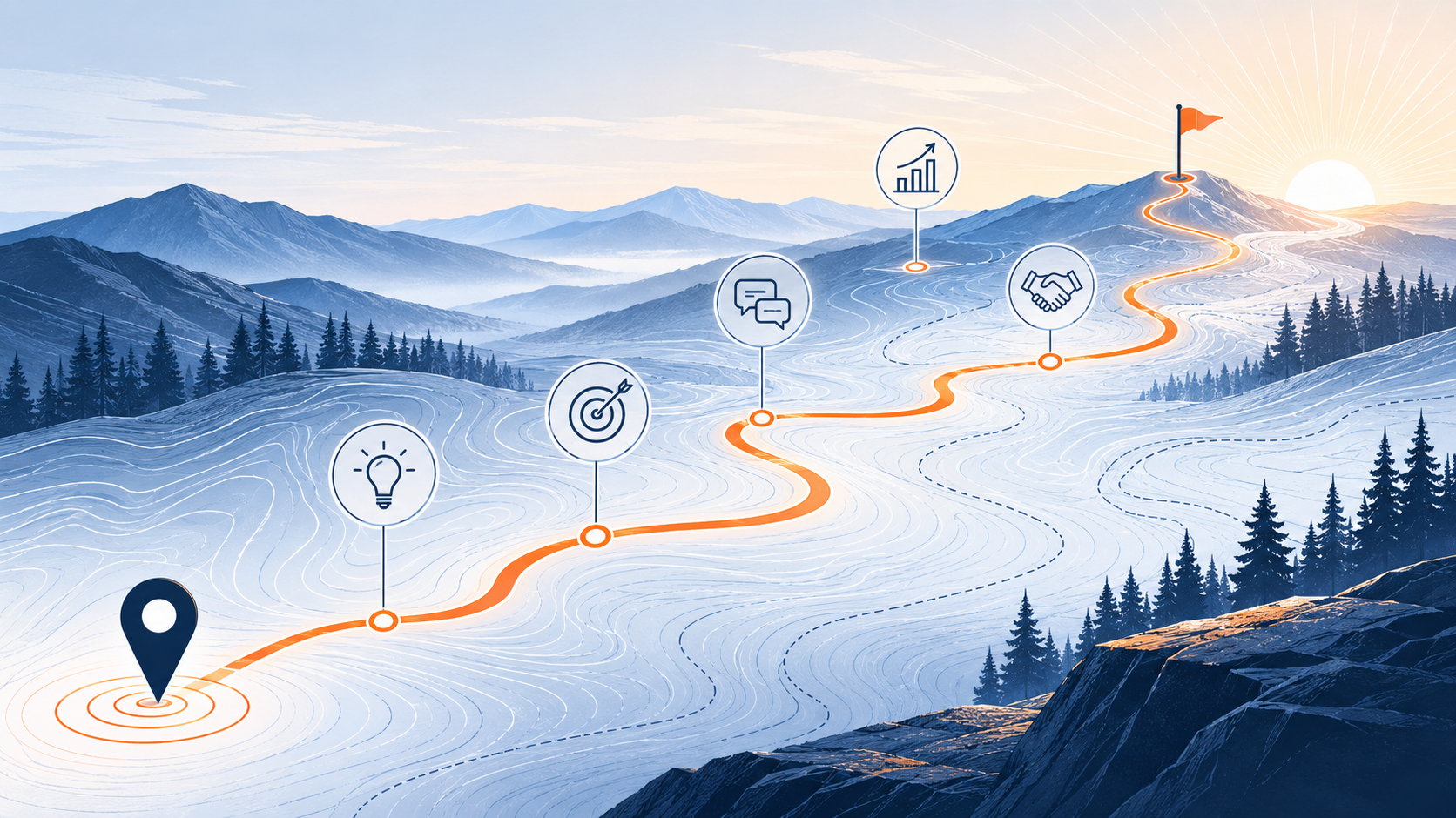Illustration of a winding path representing Lace Up Creative's strategic marketing services and guiding B2B technology companies from assessment to long-term marketing momentum.