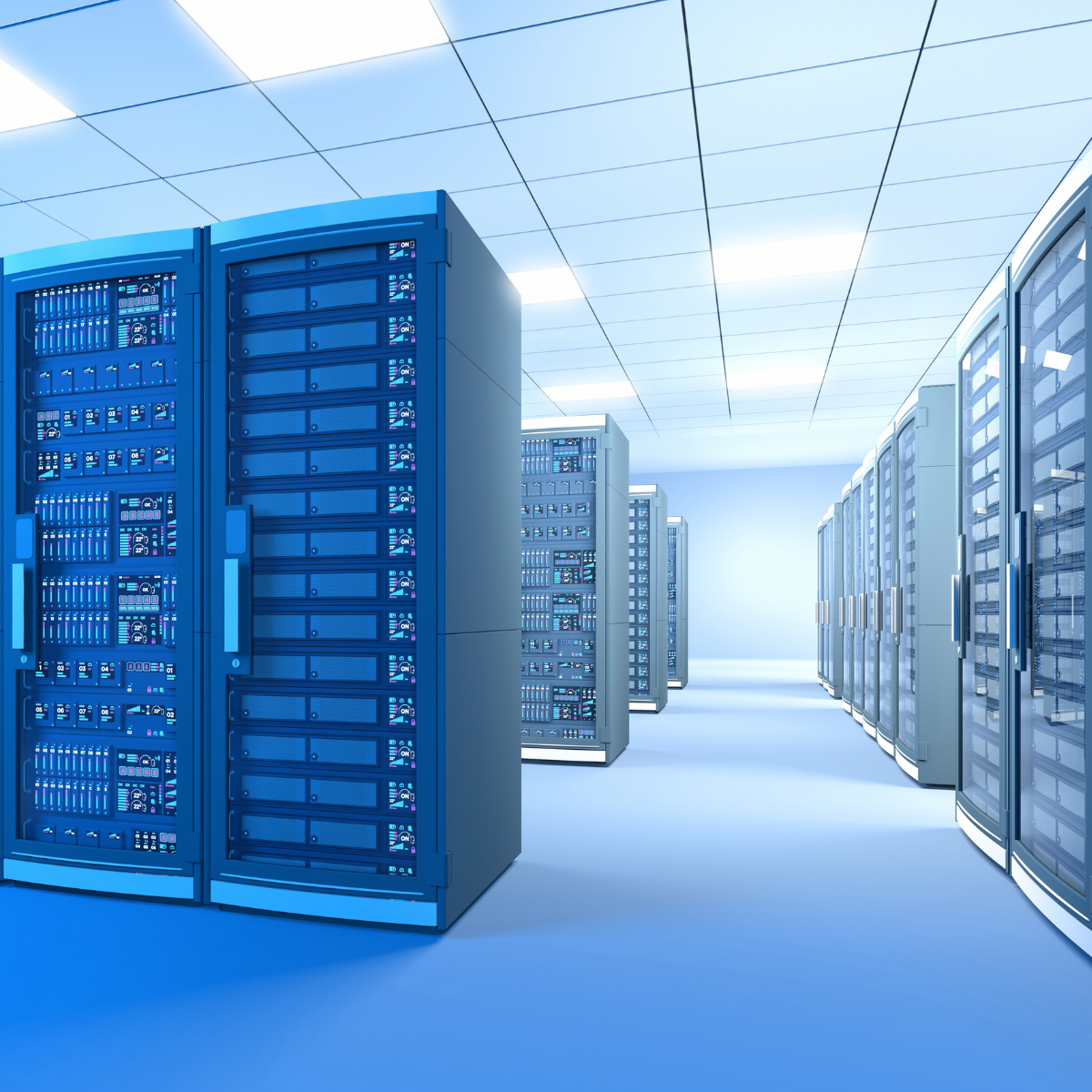 Data center room with multiple blue and gray server racks, bright lighting, and a clean, organized environment.