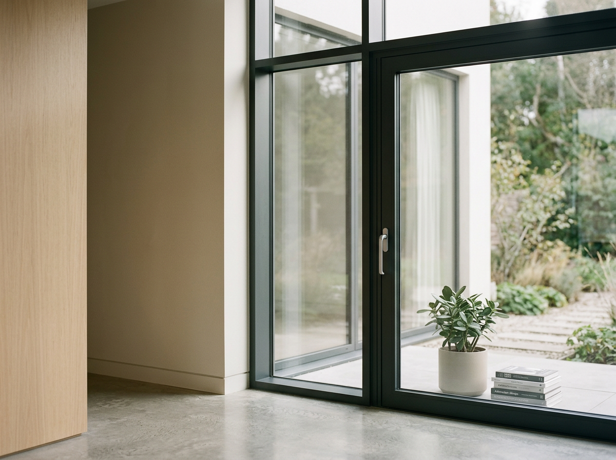 Interior view of a modern house with large glass sliding doors leading to a garden, a potted plant, and books on the floor.