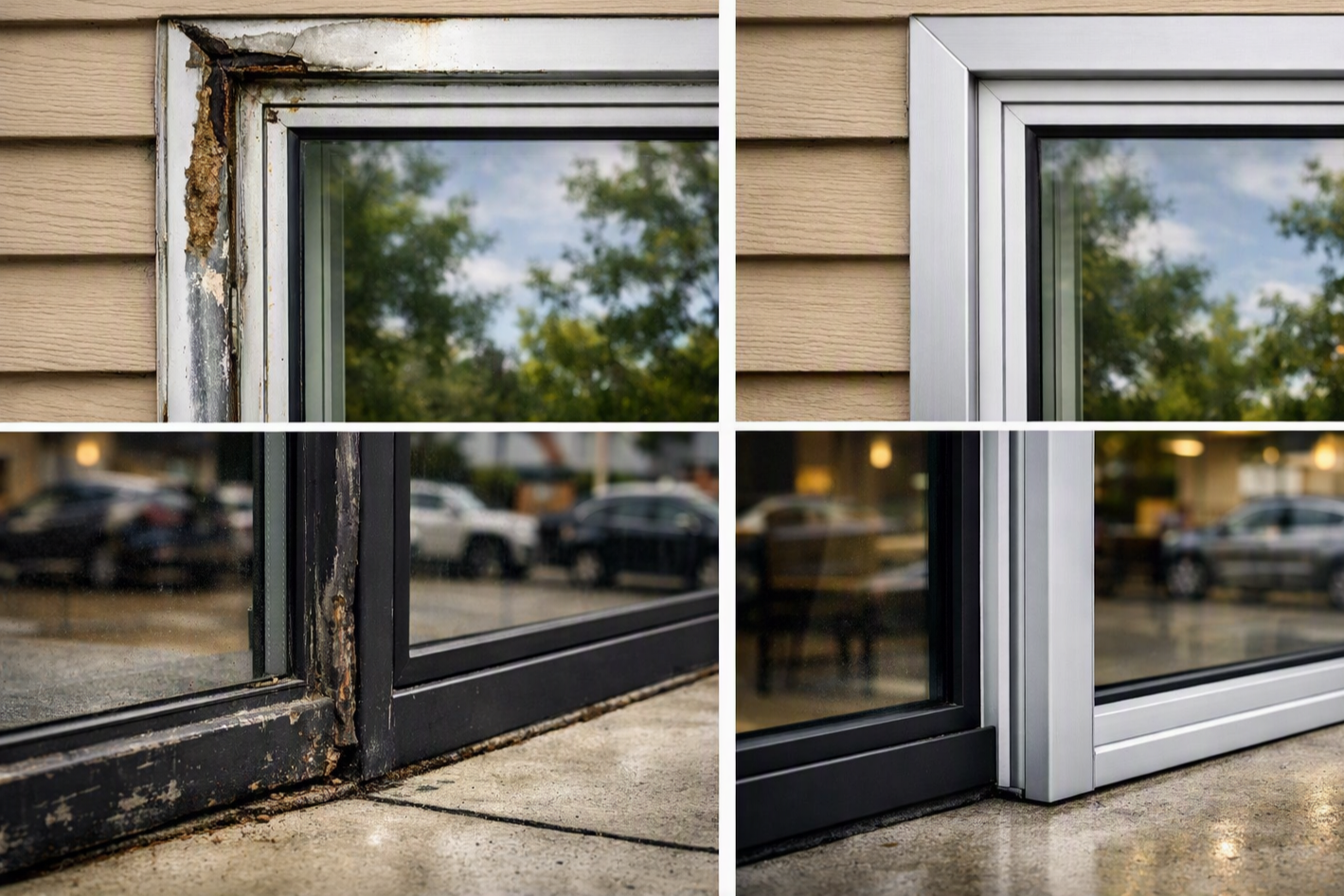 A comparison of two window frames on a house: one old, weathered, with damaged paint and rust, and one new, modern, with sleek metal trim.