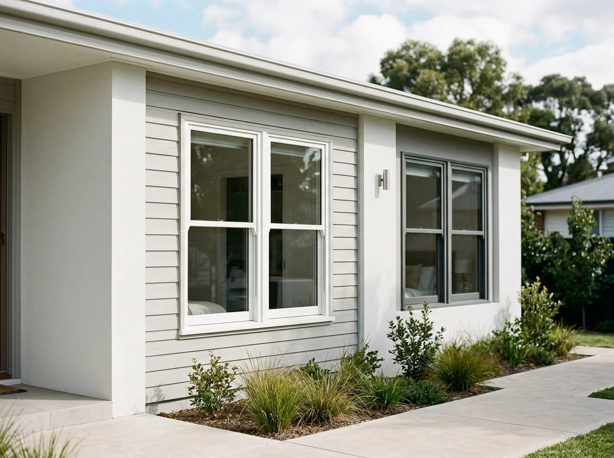 Front view of a modern house with white siding, large windows, and a small landscaped garden with green shrubs and grasses.