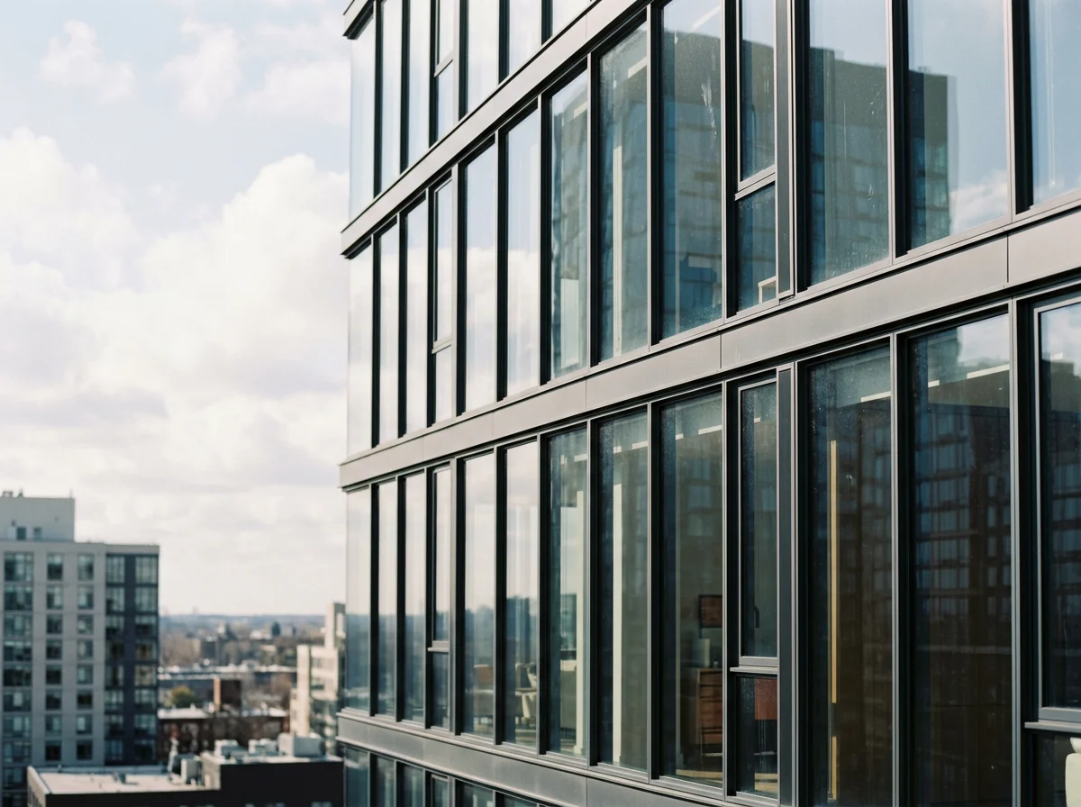 Close-up of a modern glass building with reflective windows, showing a cityscape background.