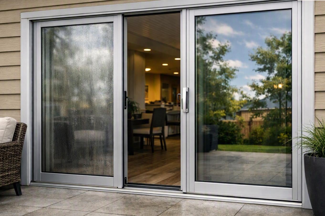 Sliding glass door leading to backyard with outdoor patio and house interior visible
