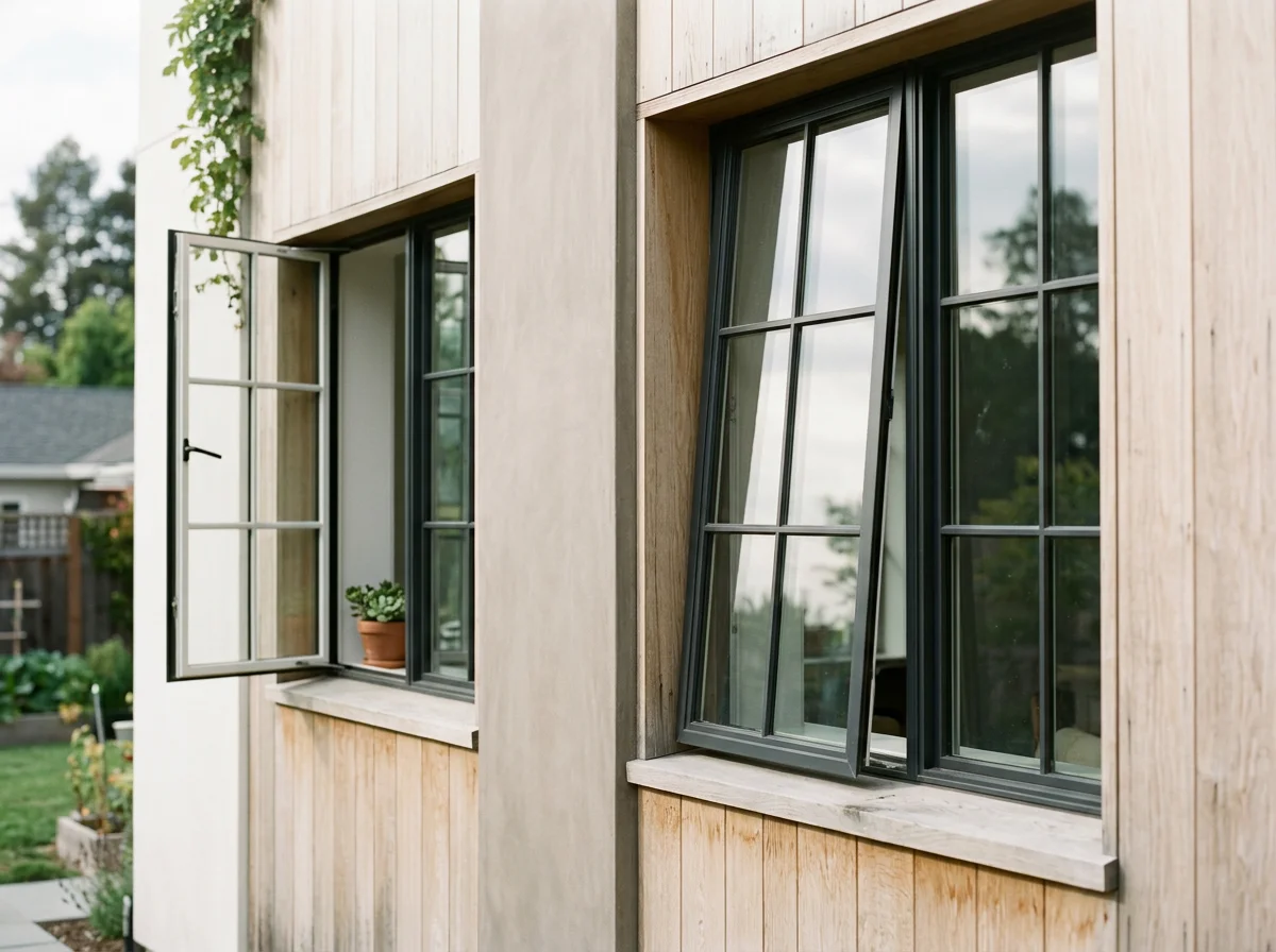 Close-up of a house exterior featuring two black-framed windows, one with a partially open window, set in light-colored wooden siding with a garden in the background.
