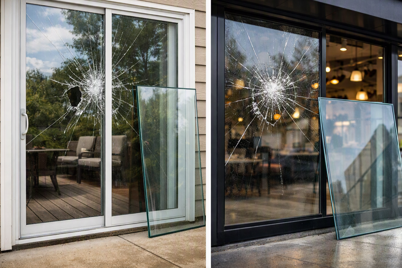 Two broken glass doors with spiderweb cracks and a glass pane leaning against each; the door on the left is a sliding door, and the door on the right is likely a storefront window, both with cracks radiating from impact points.