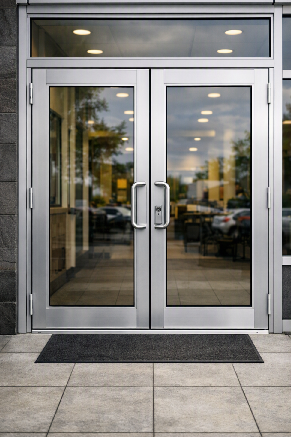 A glass and metal double door entrance to a building with a black doormat in front, reflecting an outdoor parking lot, trees, and cloudy sky.