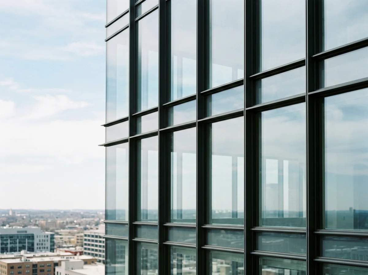 Close-up of modern glass building exterior with reflective windows and metal framing, with cityscape in the background under cloudy sky.