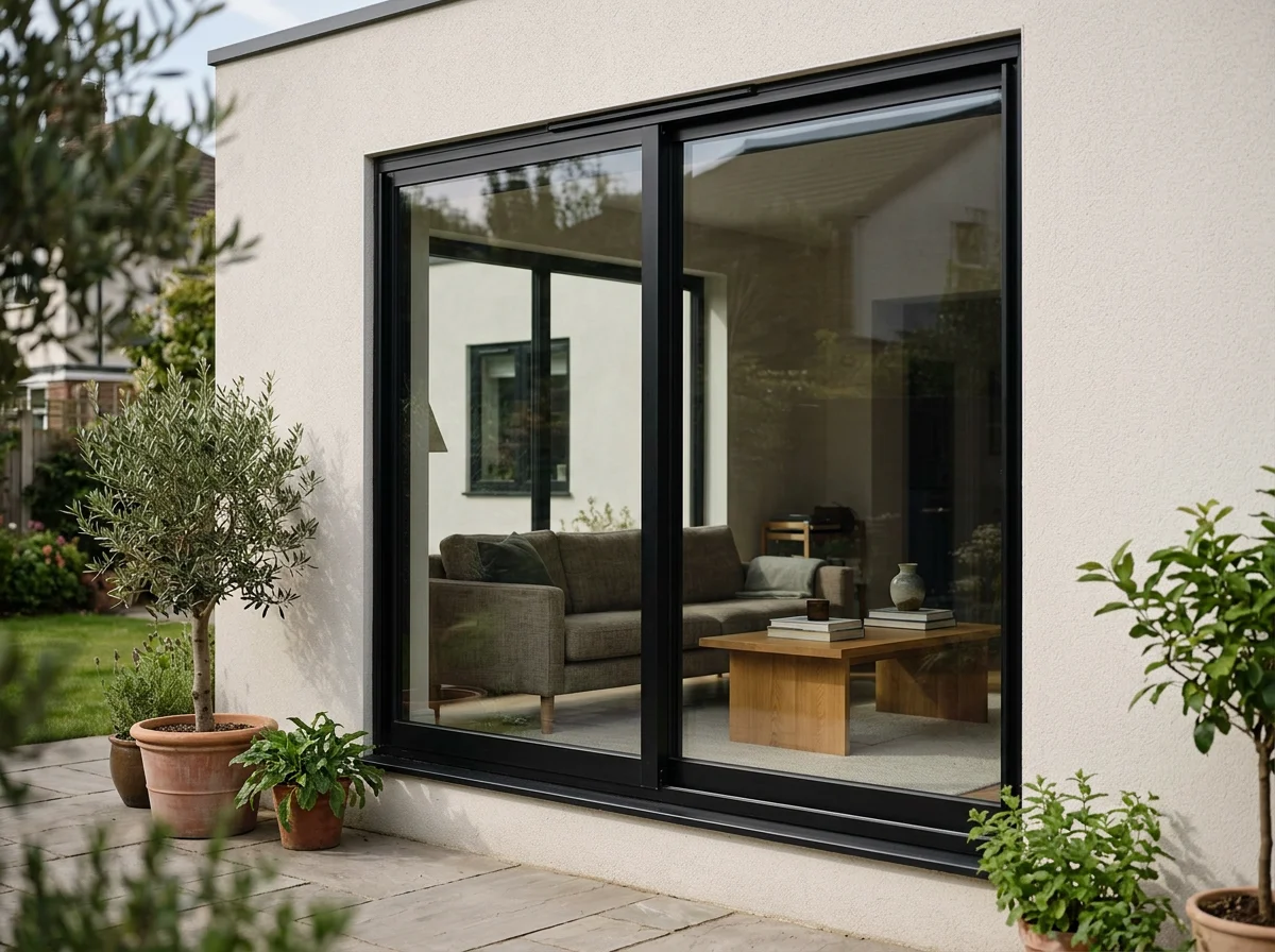 View of a modern house with a large black-framed sliding glass door leading into a living room with a gray sofa and wooden coffee table, surrounded by potted plants outside.