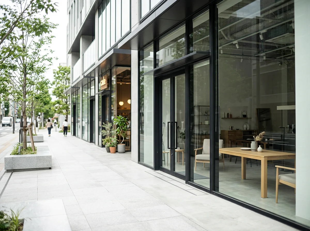 Modern storefront with large glass windows and doors, displaying a cozy interior with a wooden dining table and chairs, plants outside, and a city sidewalk.